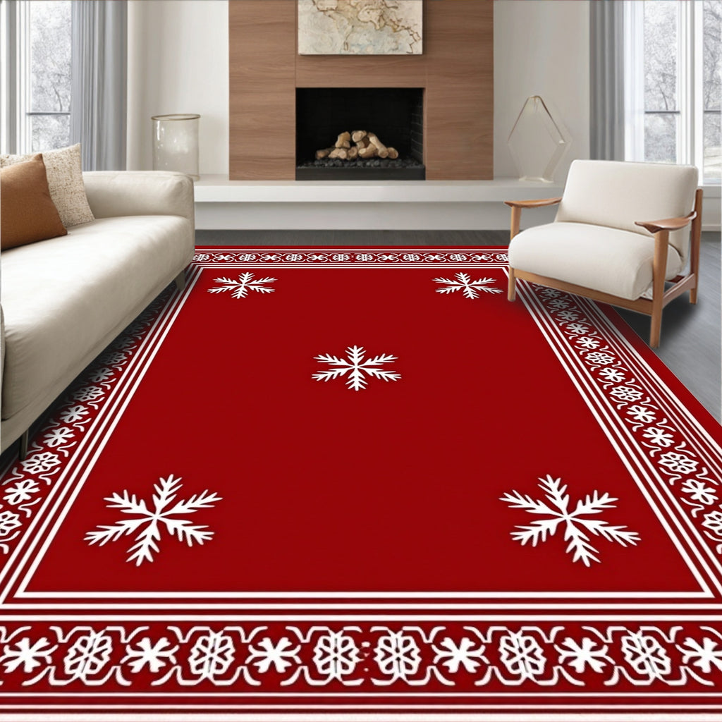 Red White Snowflake Border Rug