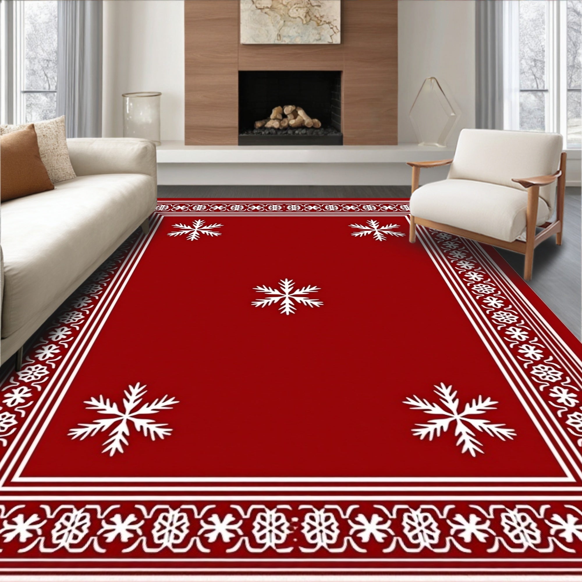 Red White Snowflake Border Rug