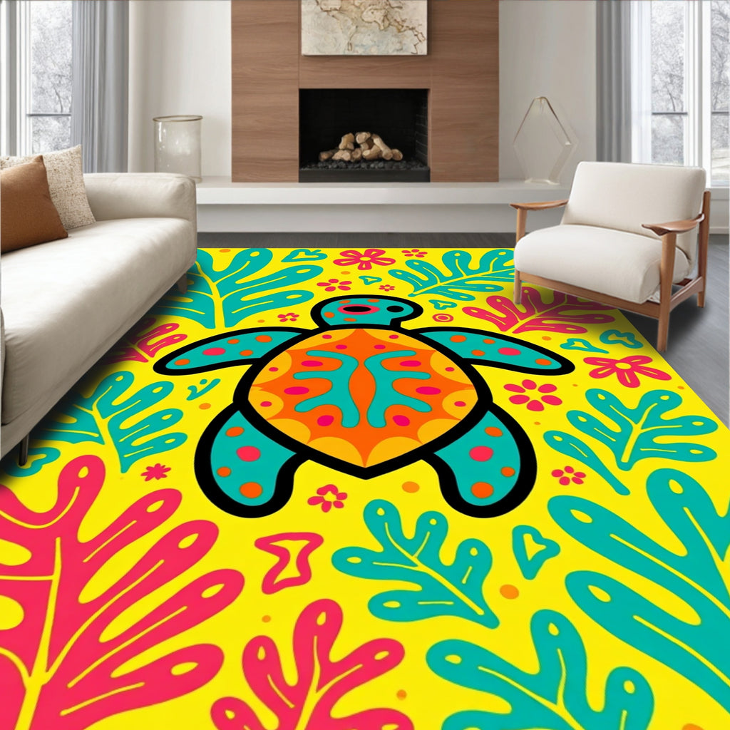 Vibrant Yellow Turtle Floral Art Rug