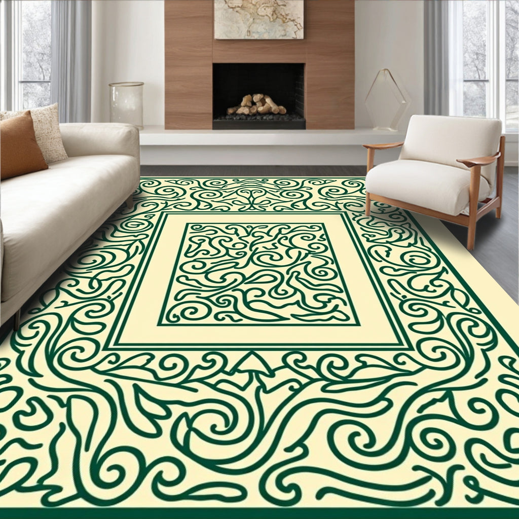 Traditional Green Scrollwork Square Rug