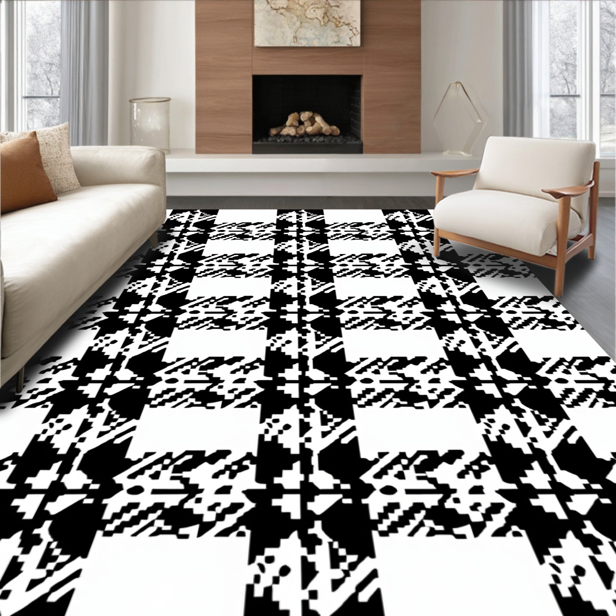 Classic Black White Houndstooth Plaid Rug