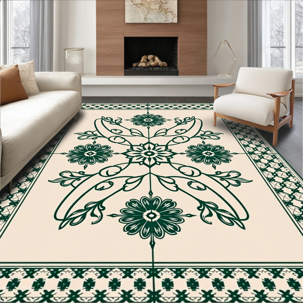 Deep Green Floral Medallion Border Rug