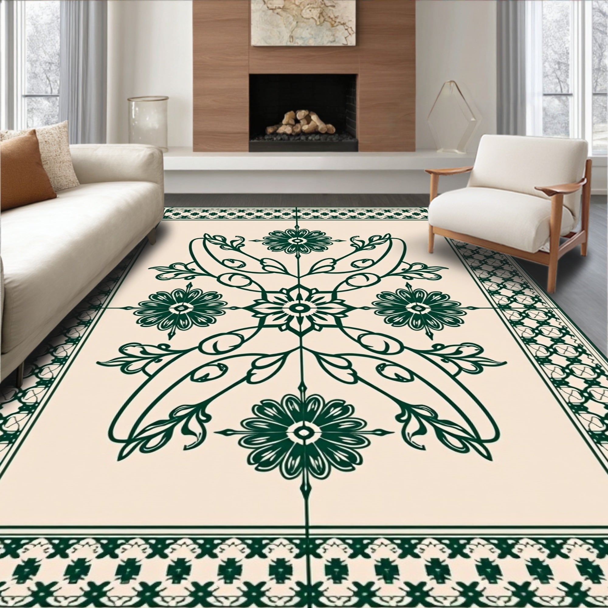 Deep Green Floral Medallion Border Rug
