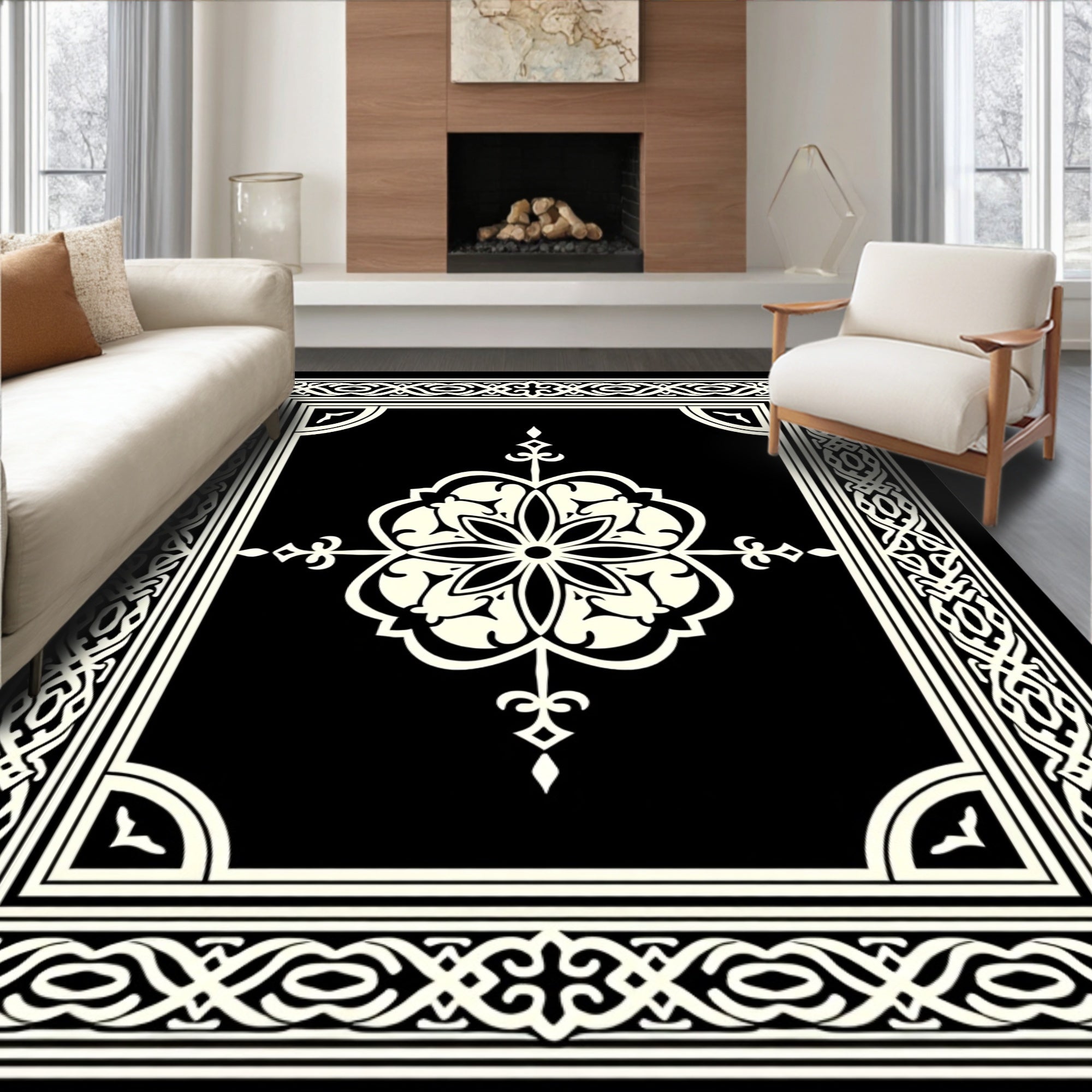Black and Ivory Intricate Floral Medallion Frame Rug