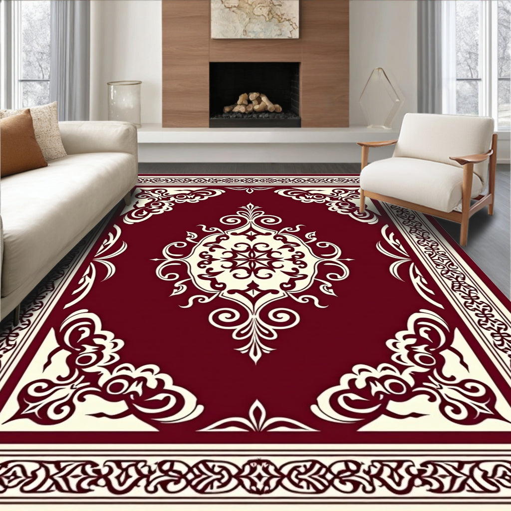 Burgundy Cream Scrollwork Medallion Rug