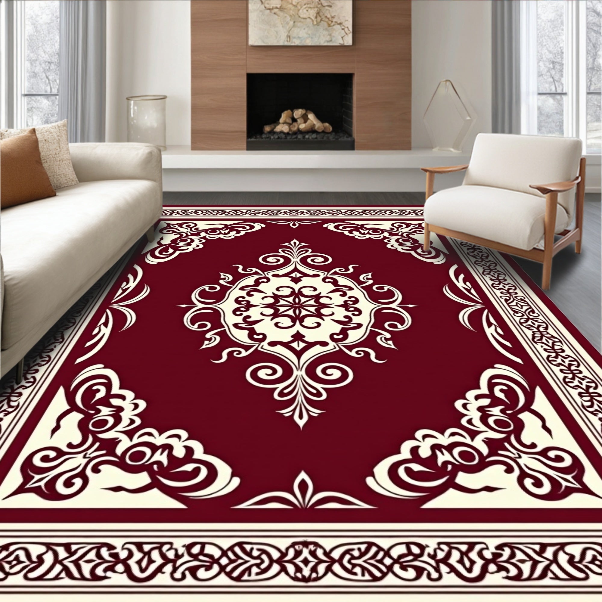 Burgundy Cream Scrollwork Medallion Rug