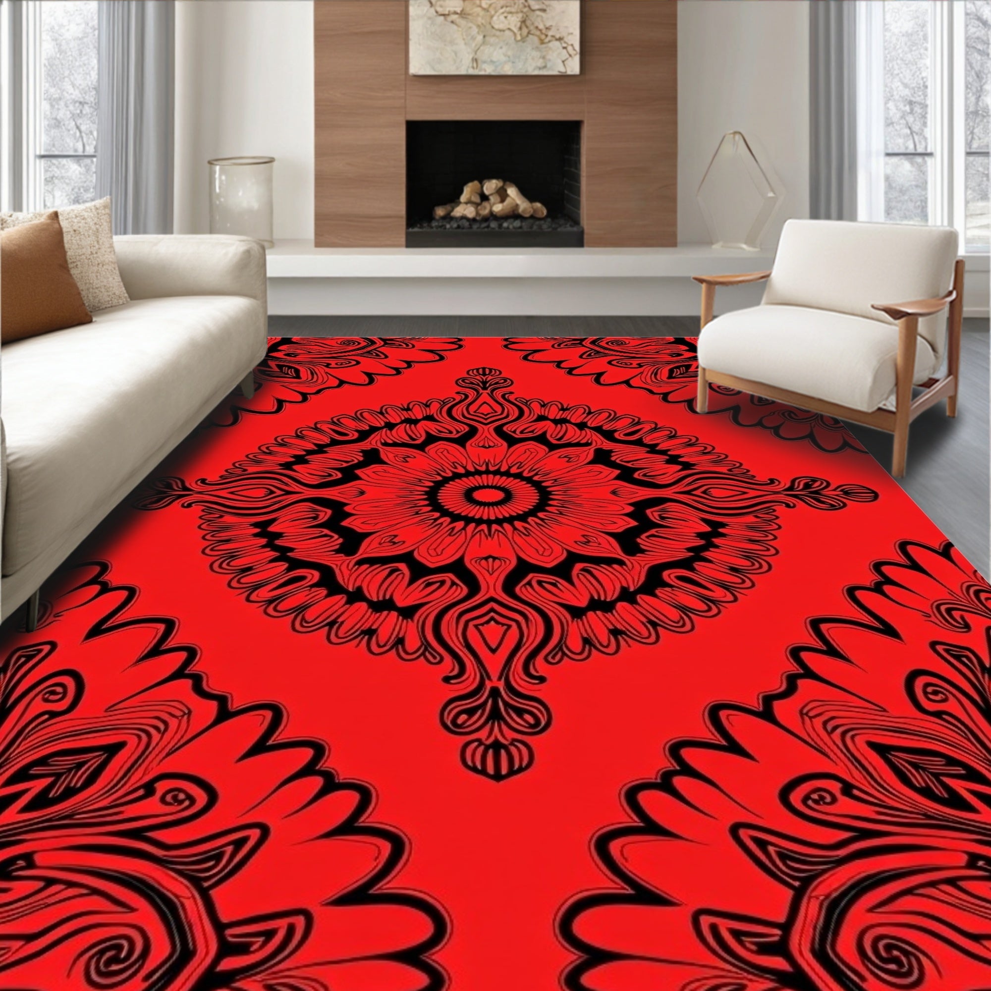 Vibrant Red Black Mandala Medallion Rug
