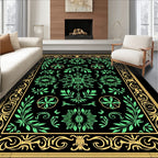 Ornate Black Gold Green Floral Rug