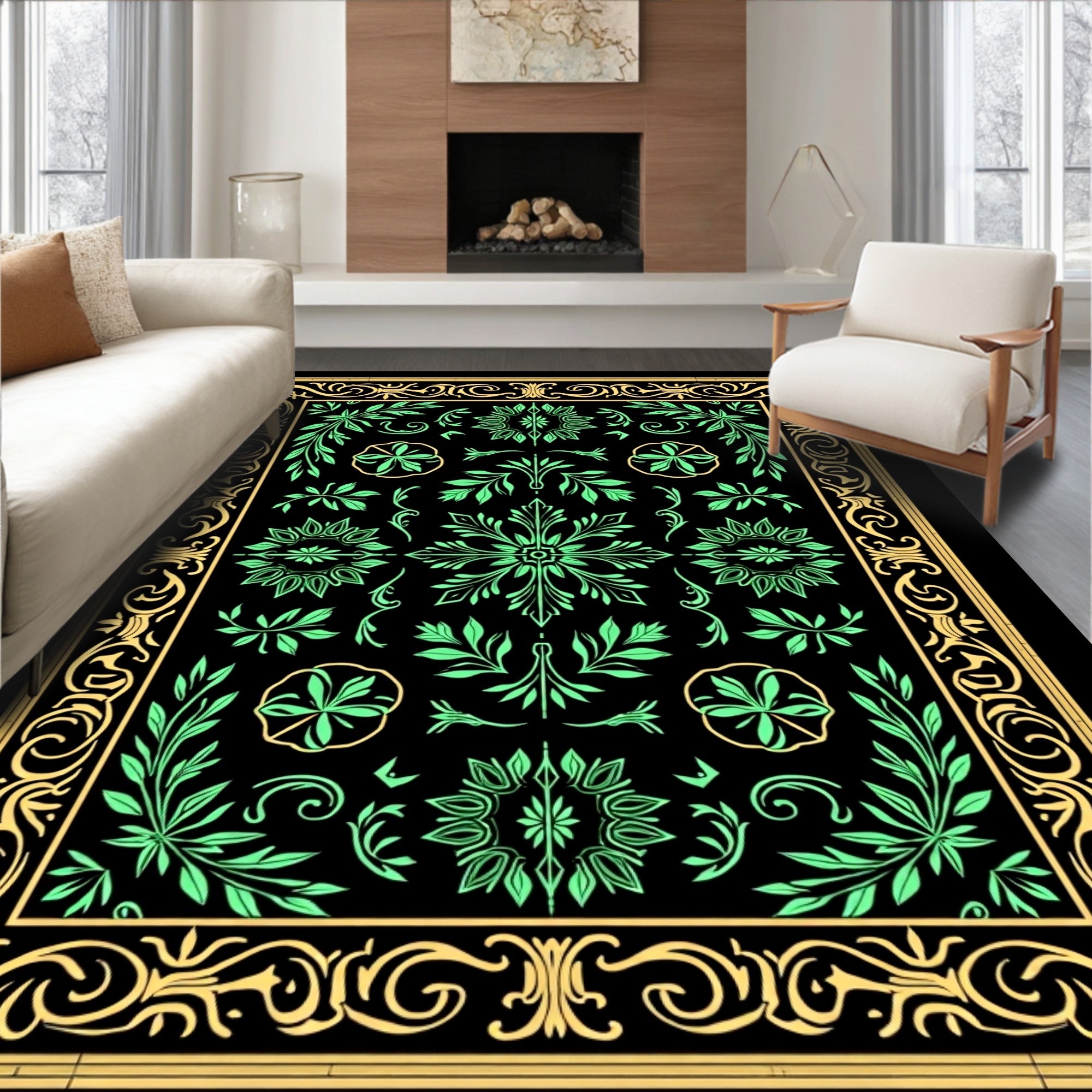 Ornate Black Gold Green Floral Rug