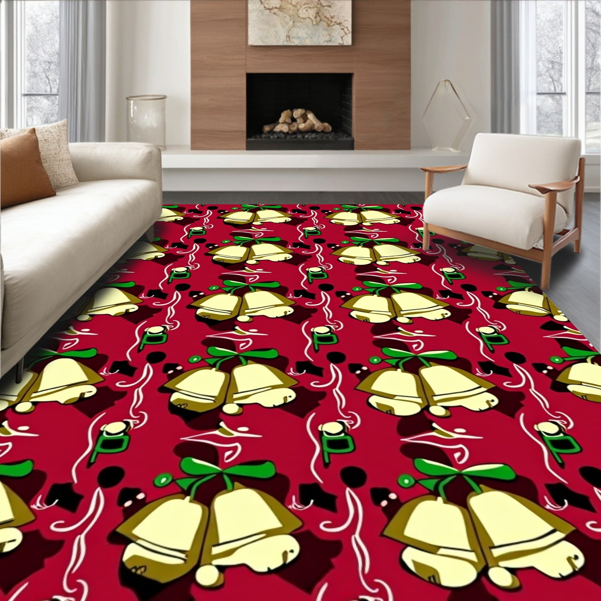 Festive Golden Bells Red Background Rug