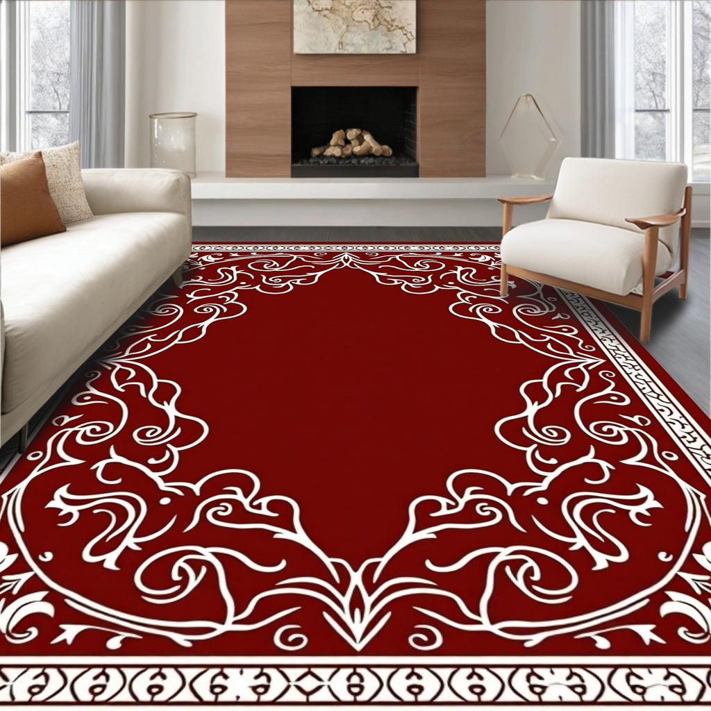 Crimson White Swirling Floral Border Rug