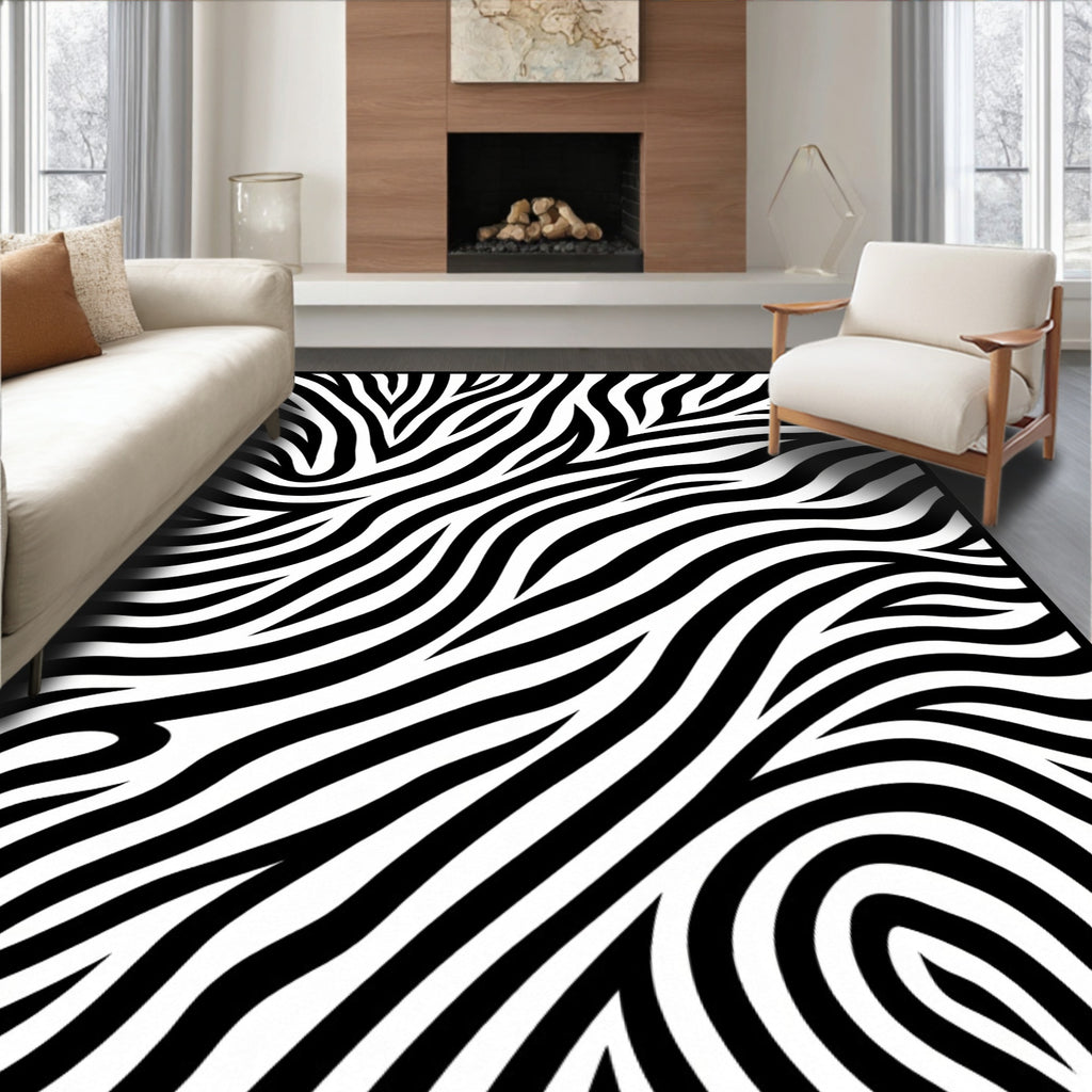 Bold Black White Zebra Waves Rug
