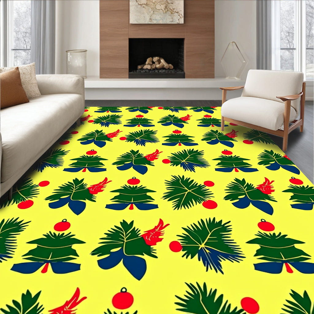 Festive Green Christmas Trees Red Accents Rug