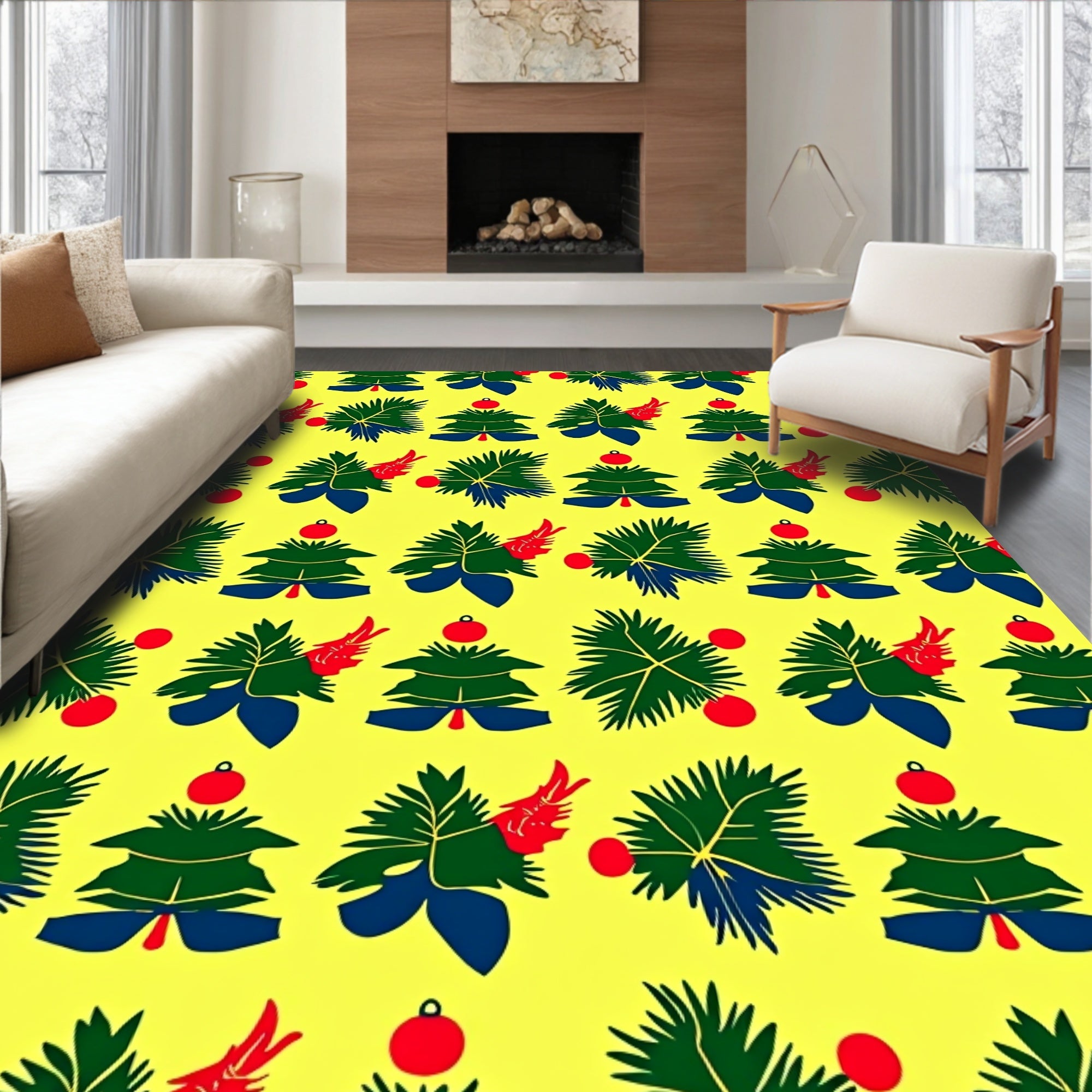 Festive Green Christmas Trees Red Accents Rug