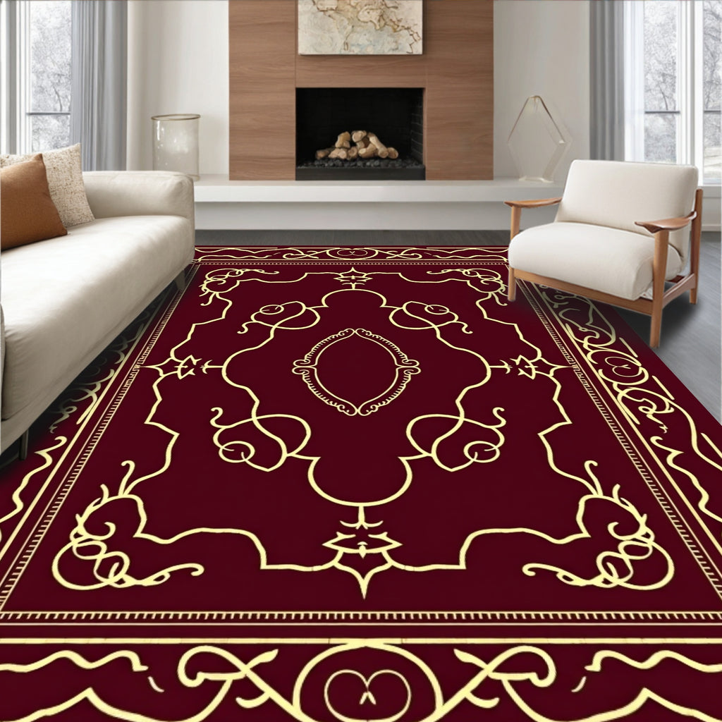 Crimson Gold Swirl Symmetry Rug