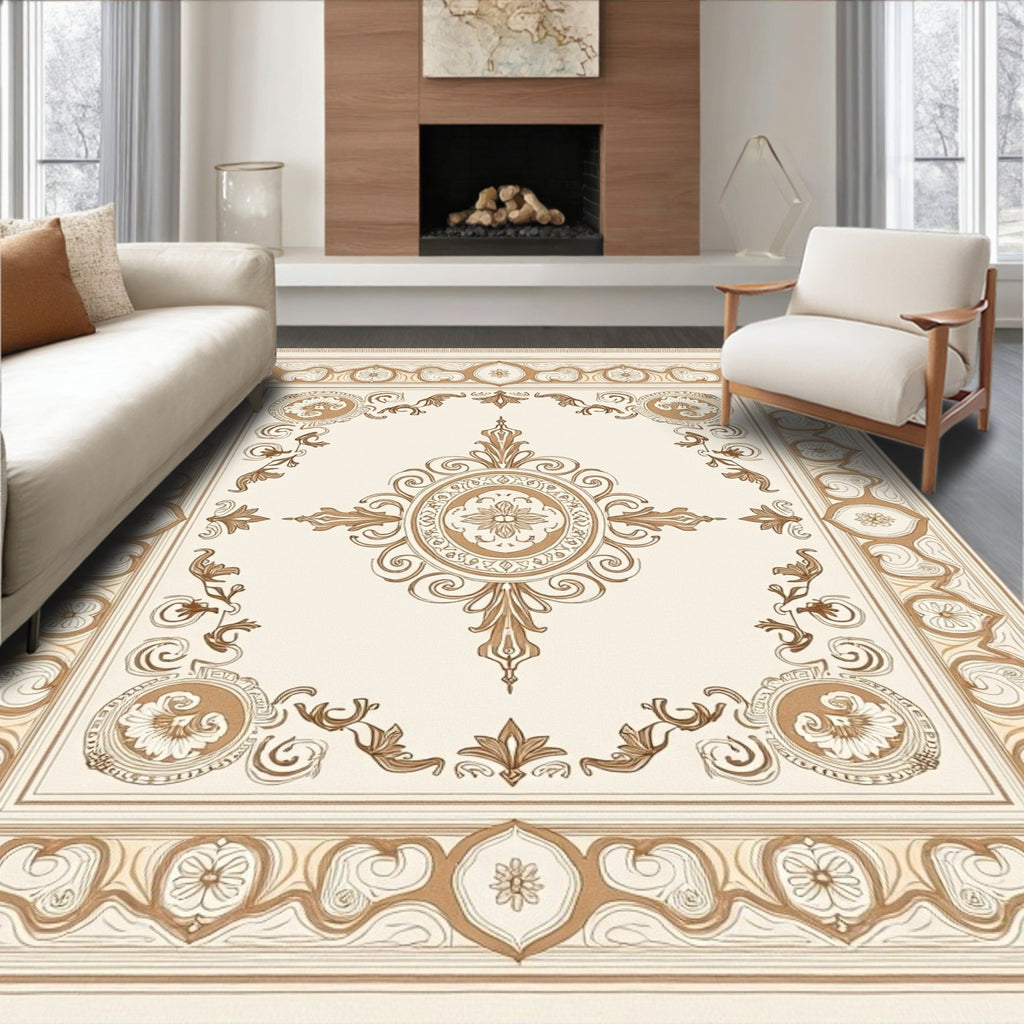 Neutral Beige Vintage Floral Medallion Rug