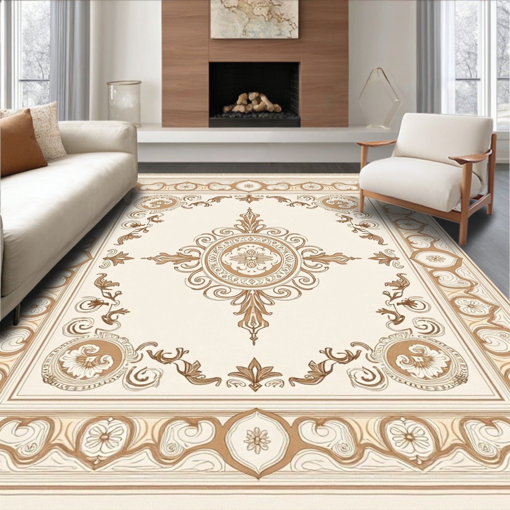 Neutral Beige Vintage Floral Medallion Rug