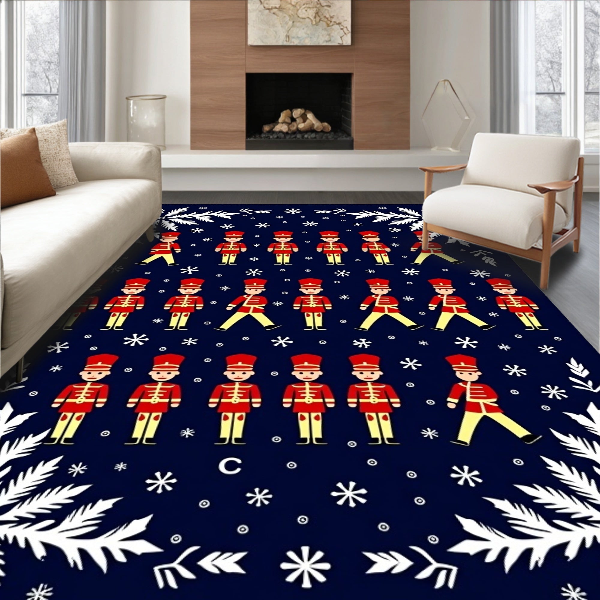 Crimson Toy Soldier Snowflakes on Navy Rug