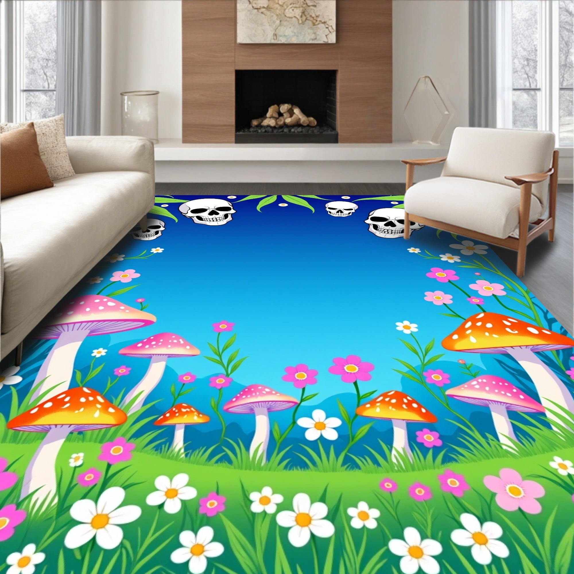 Whimsical Skull Mushroom Garden Bloom Rug