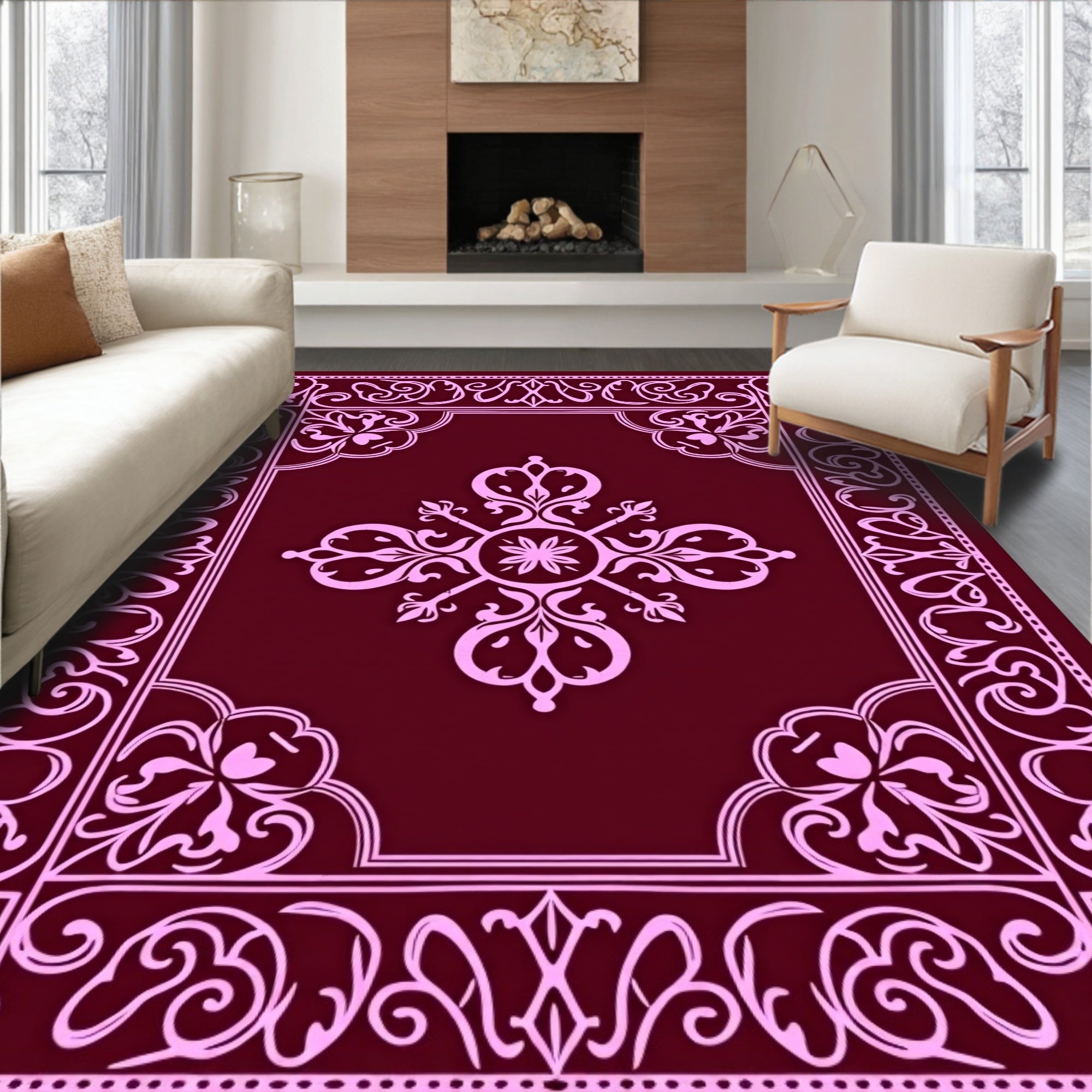 Maroon Pink Vintage Floral Scroll Rug