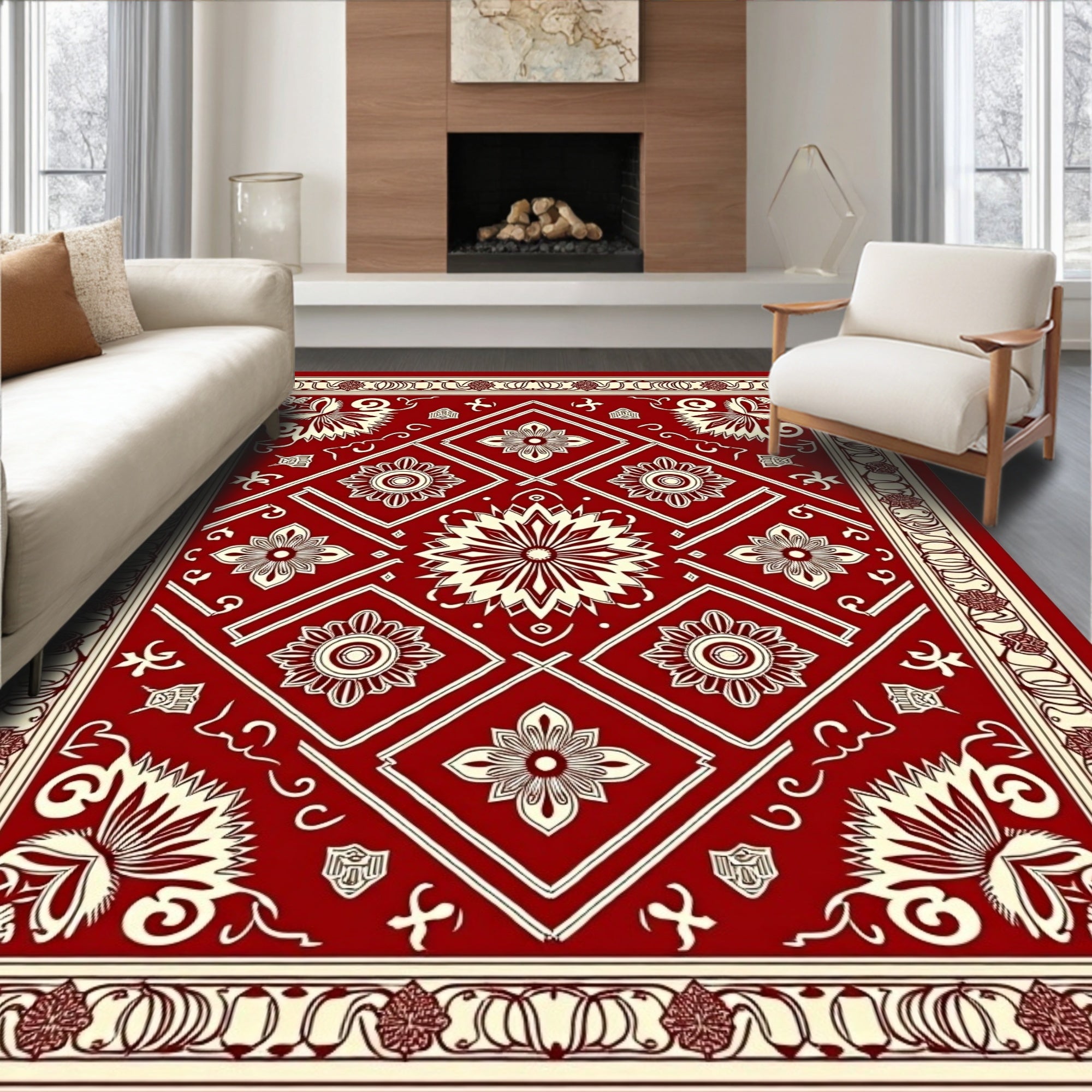 Crimson Cream Medallion Geometric Arrangement Rug