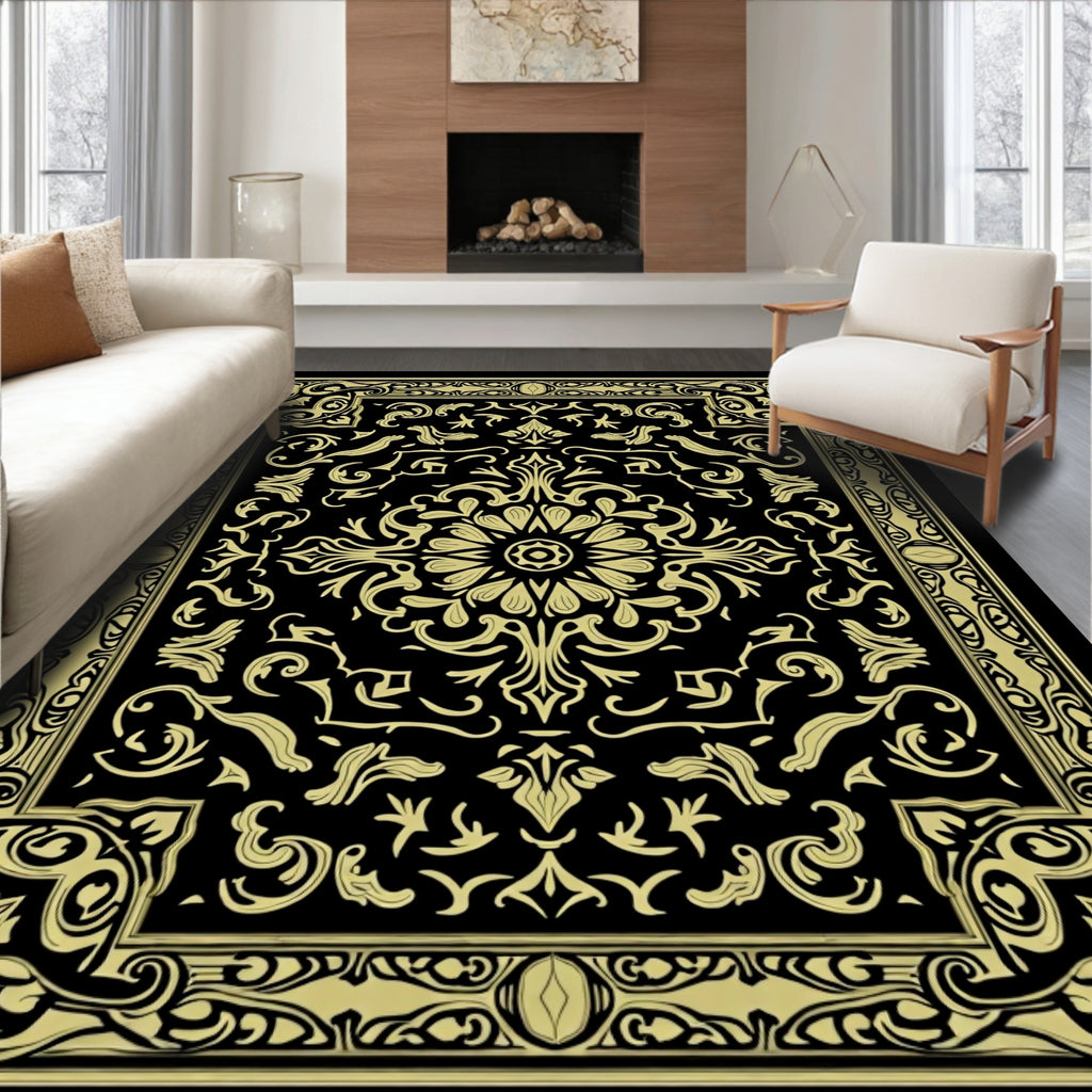 Golden Black Floral Inlay Rectangular Rug