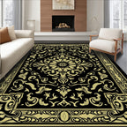 Golden Black Floral Inlay Rectangular Rug