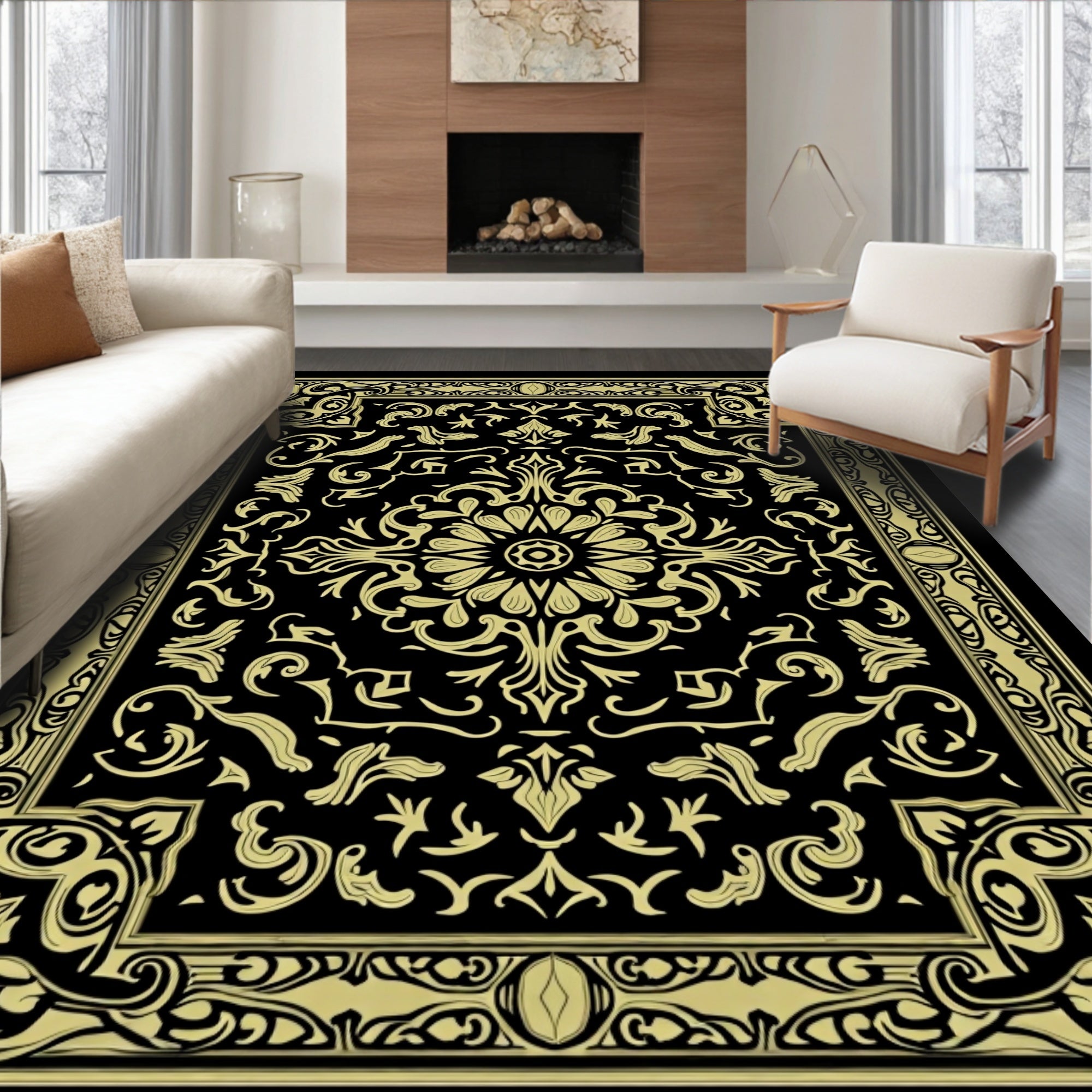Golden Black Floral Inlay Rectangular Rug