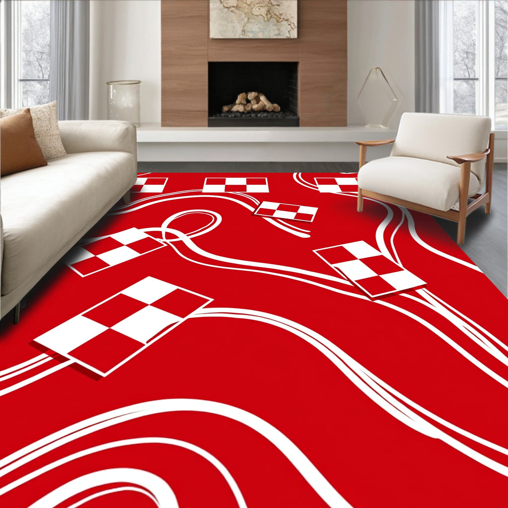 Red White Checkerboard Swirls Rug
