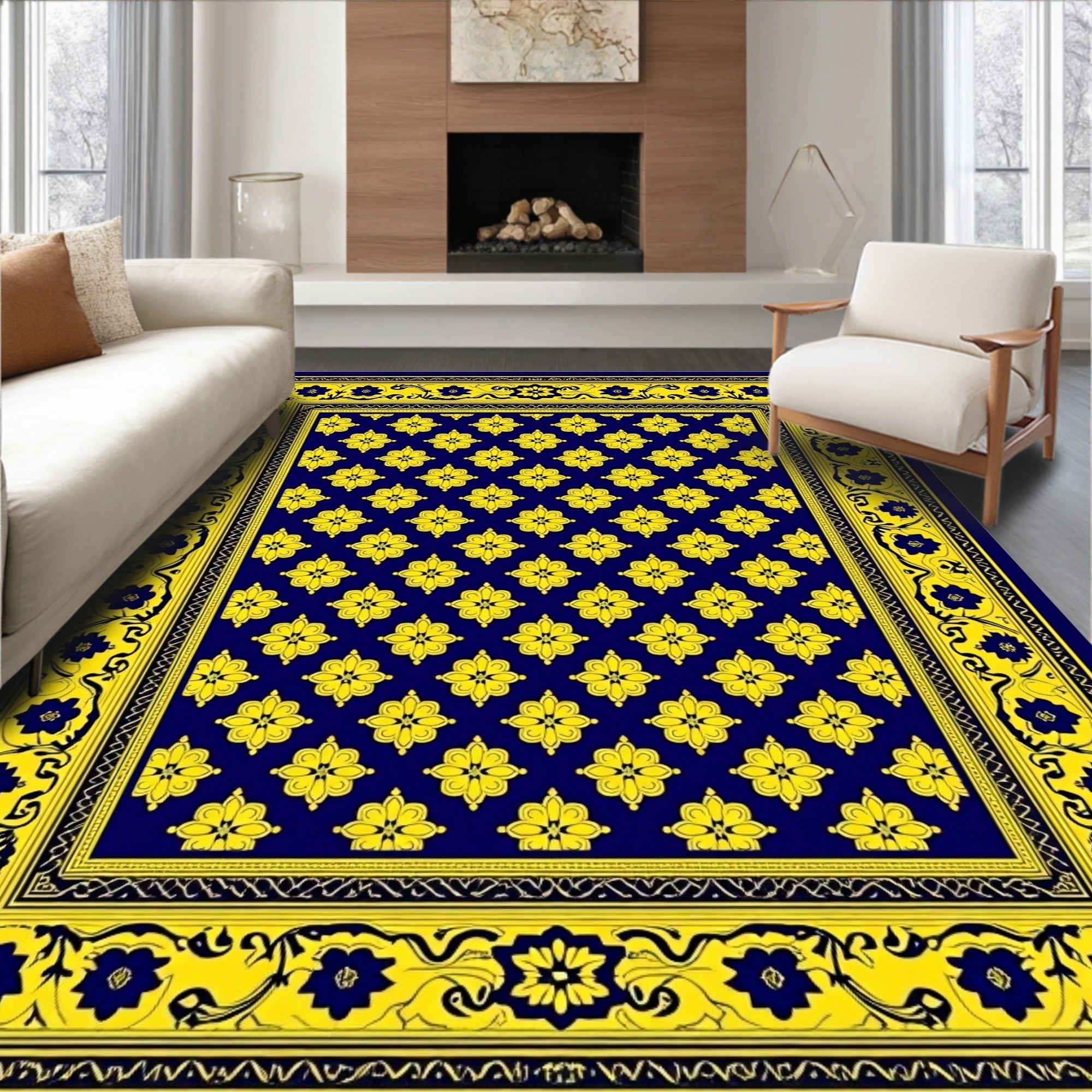 Deep Blue Yellow Floral Medallion Rug
