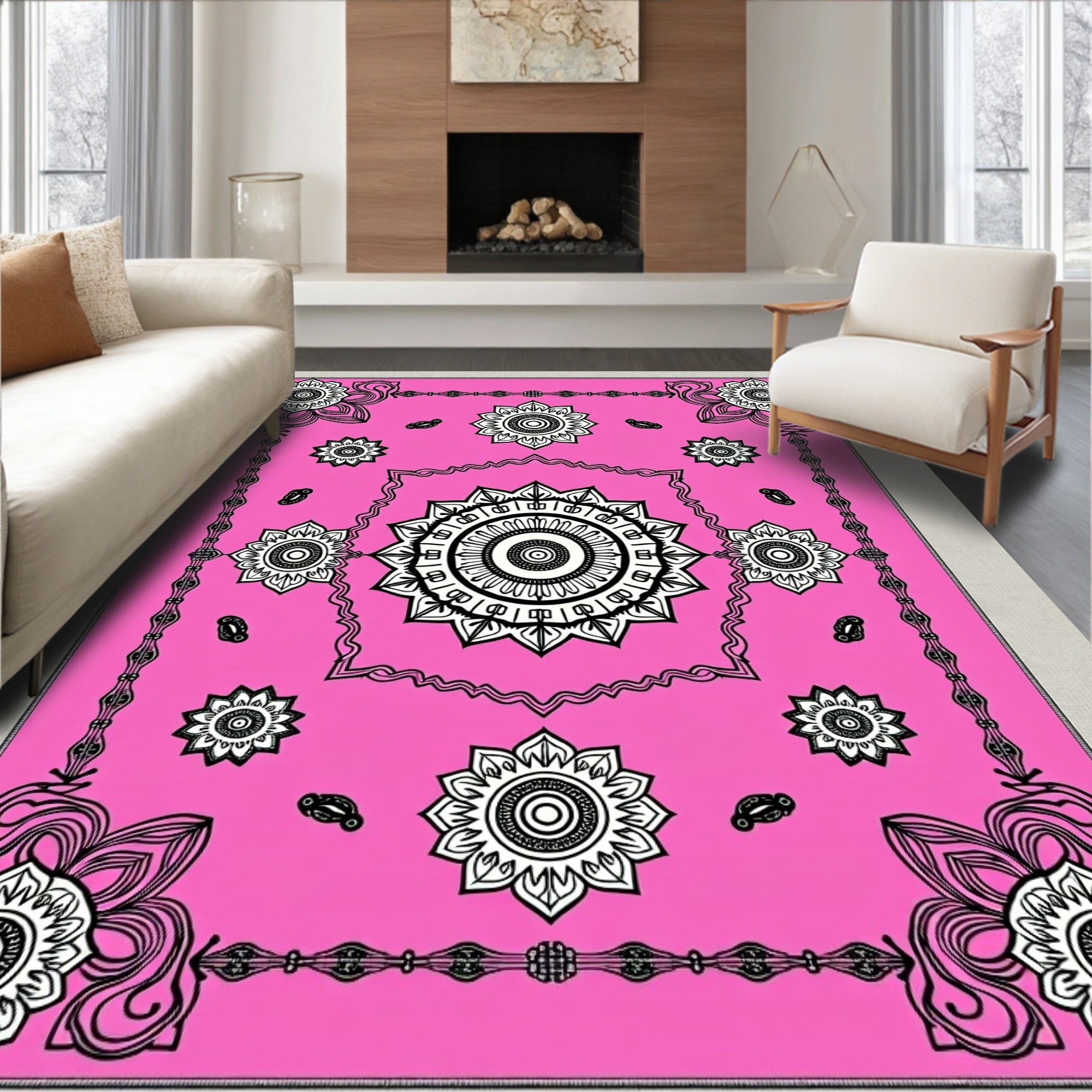 Bright Pink Medallion Floral Composition Rug