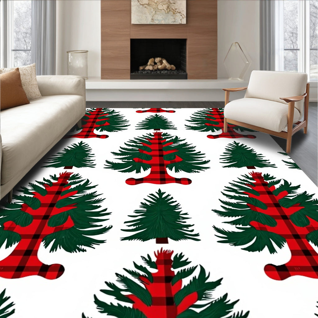Red Plaid Evergreen Trees Rug