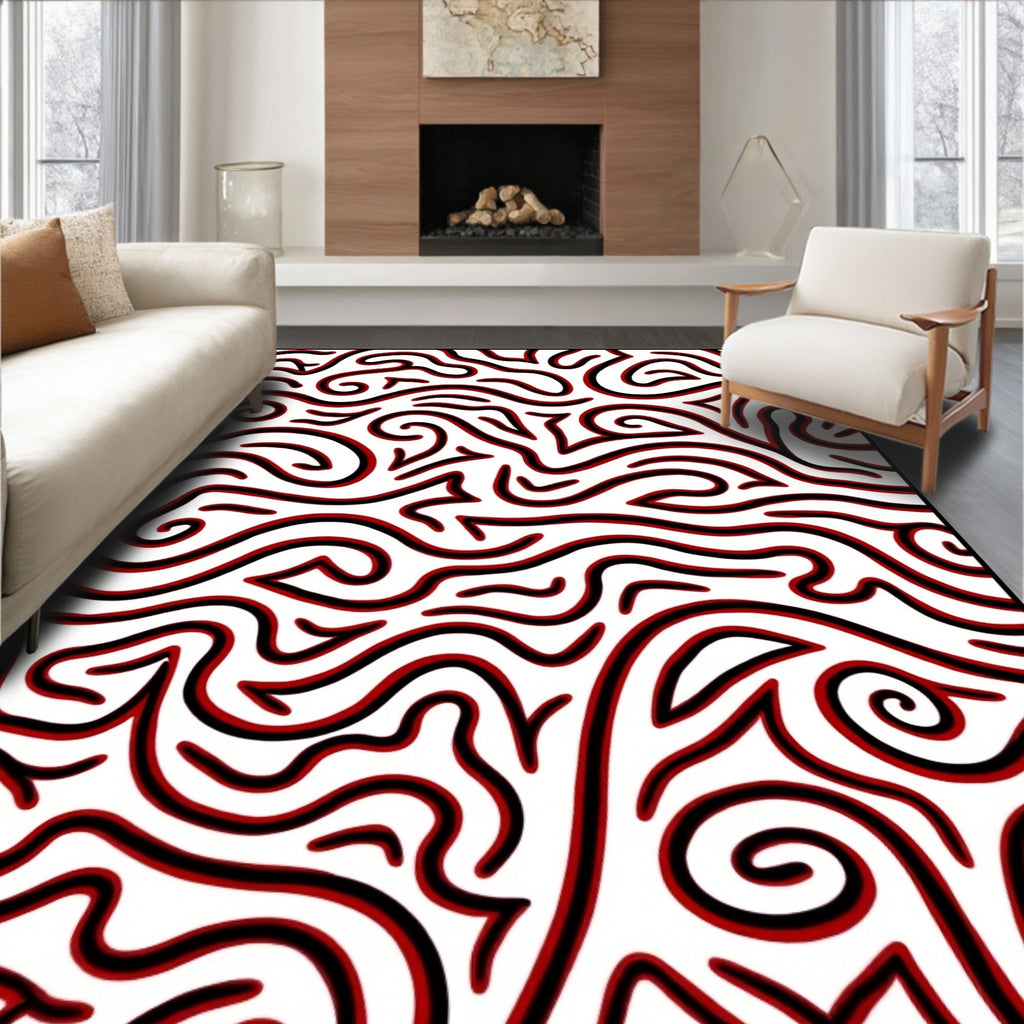 Red Swirl Abstract Lines Rug