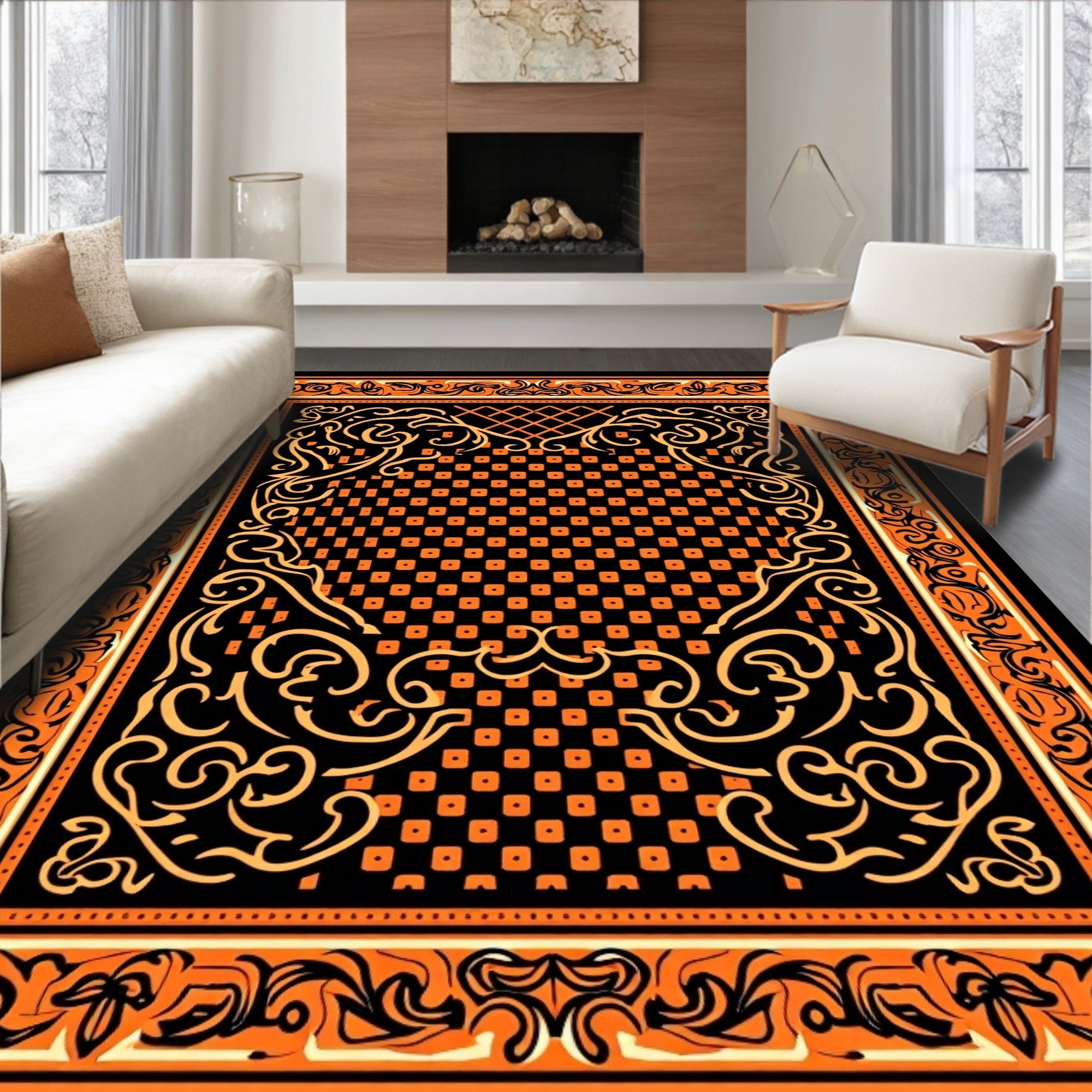 Bold Orange Black Floral Medallion Rug