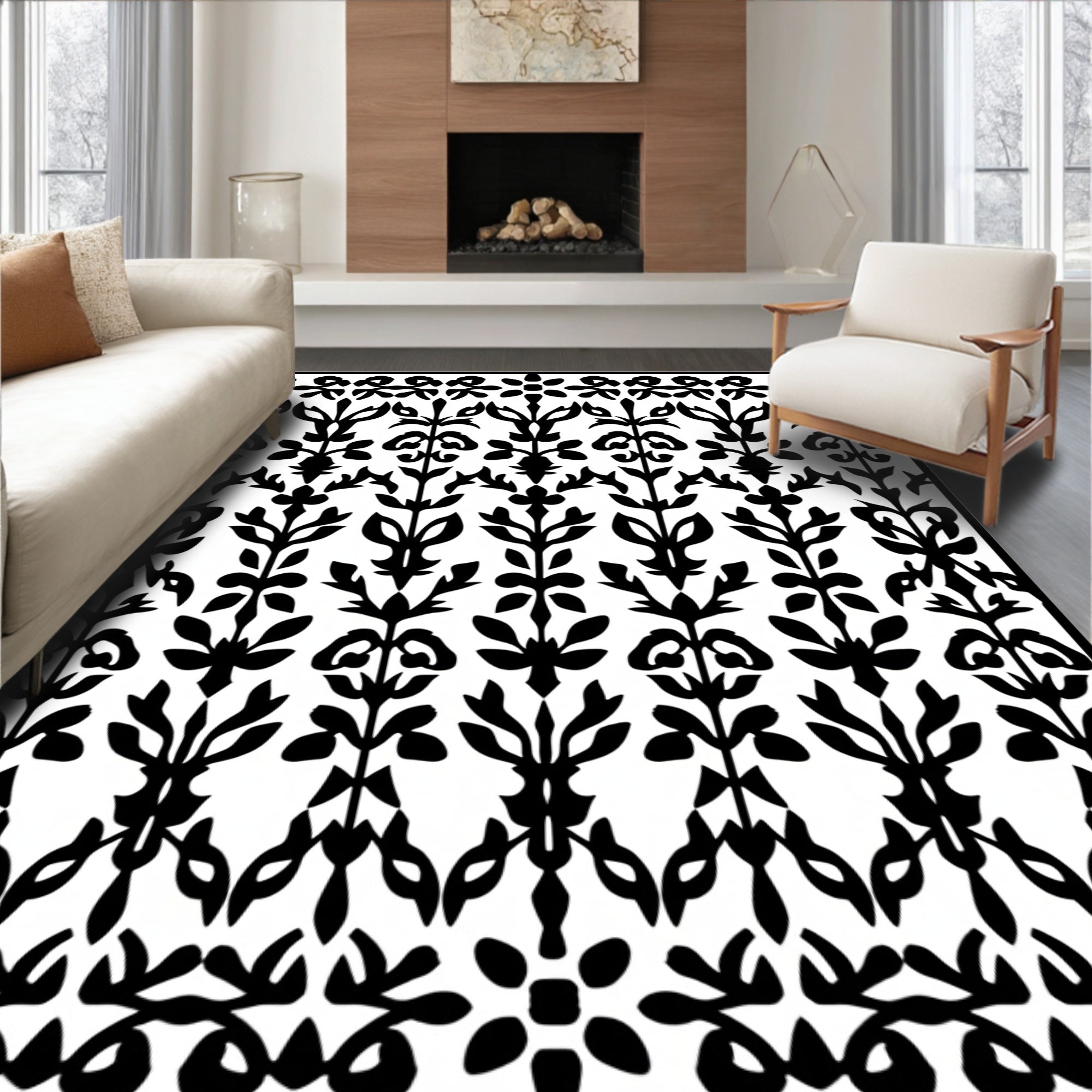 Black White Damask Floral Lace Rug
