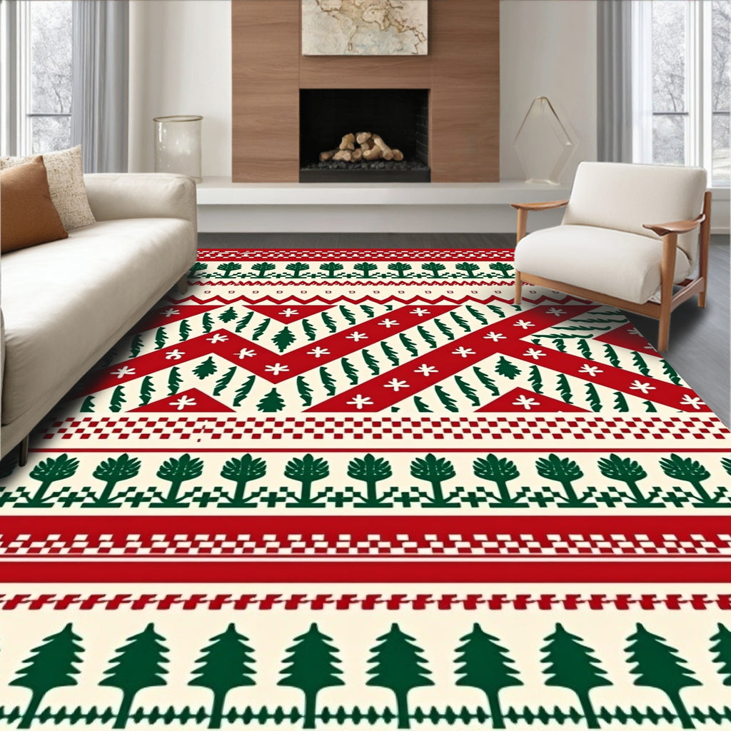 Red Green Festive Tree Border Rug
