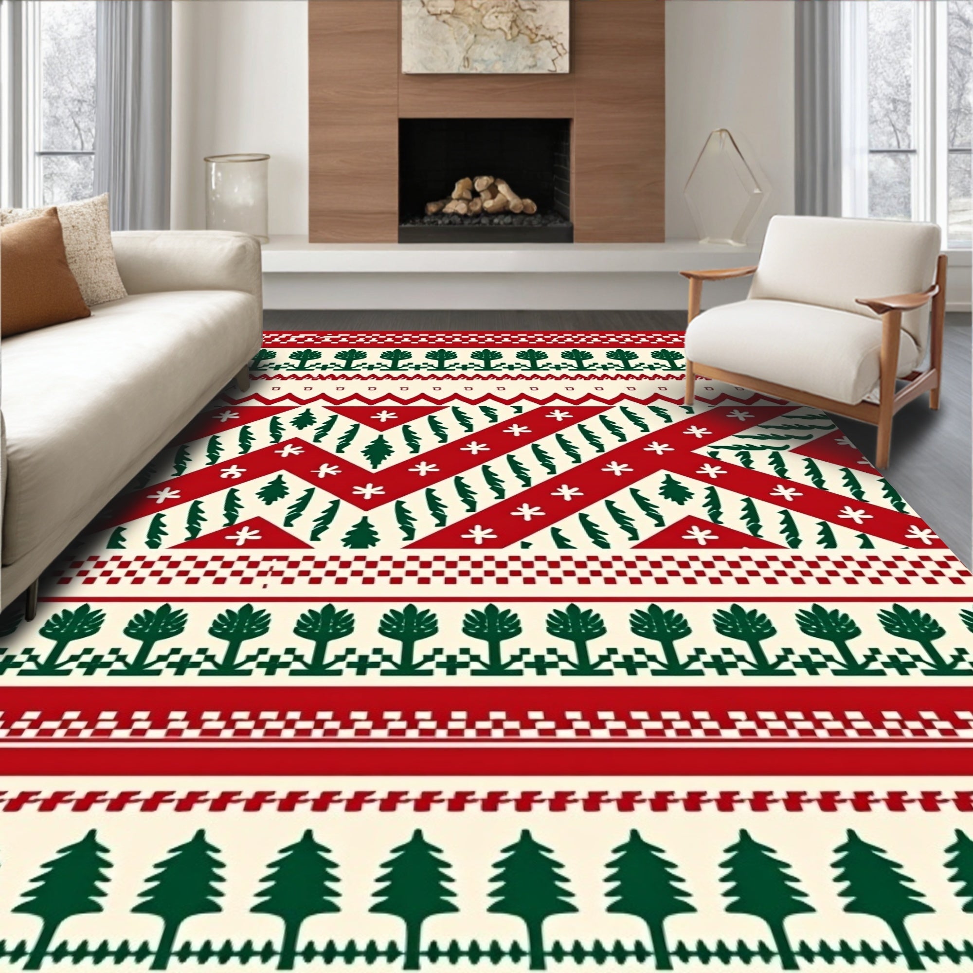 Red Green Festive Tree Border Rug