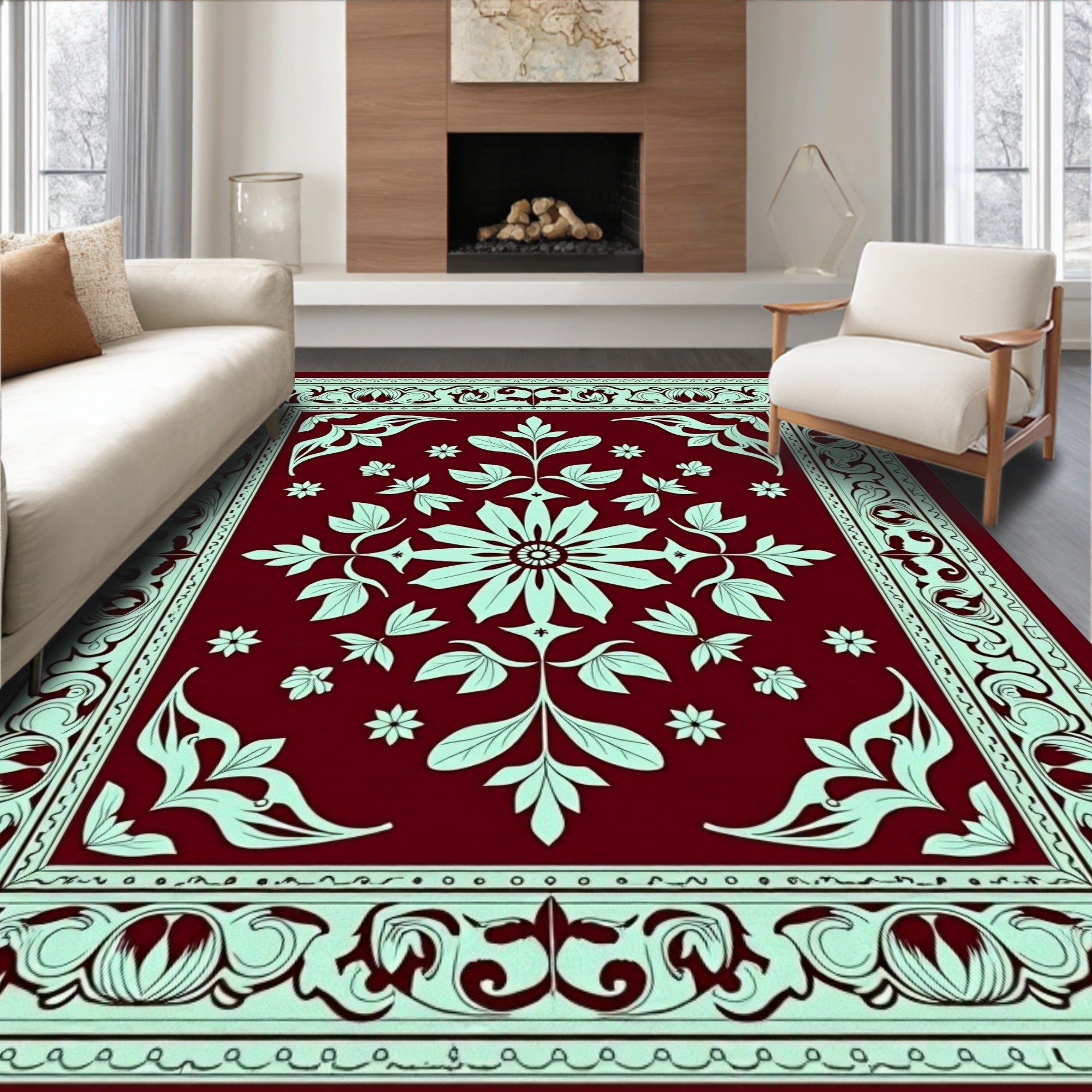 Crimson Mint Floral Medallion Border Rug