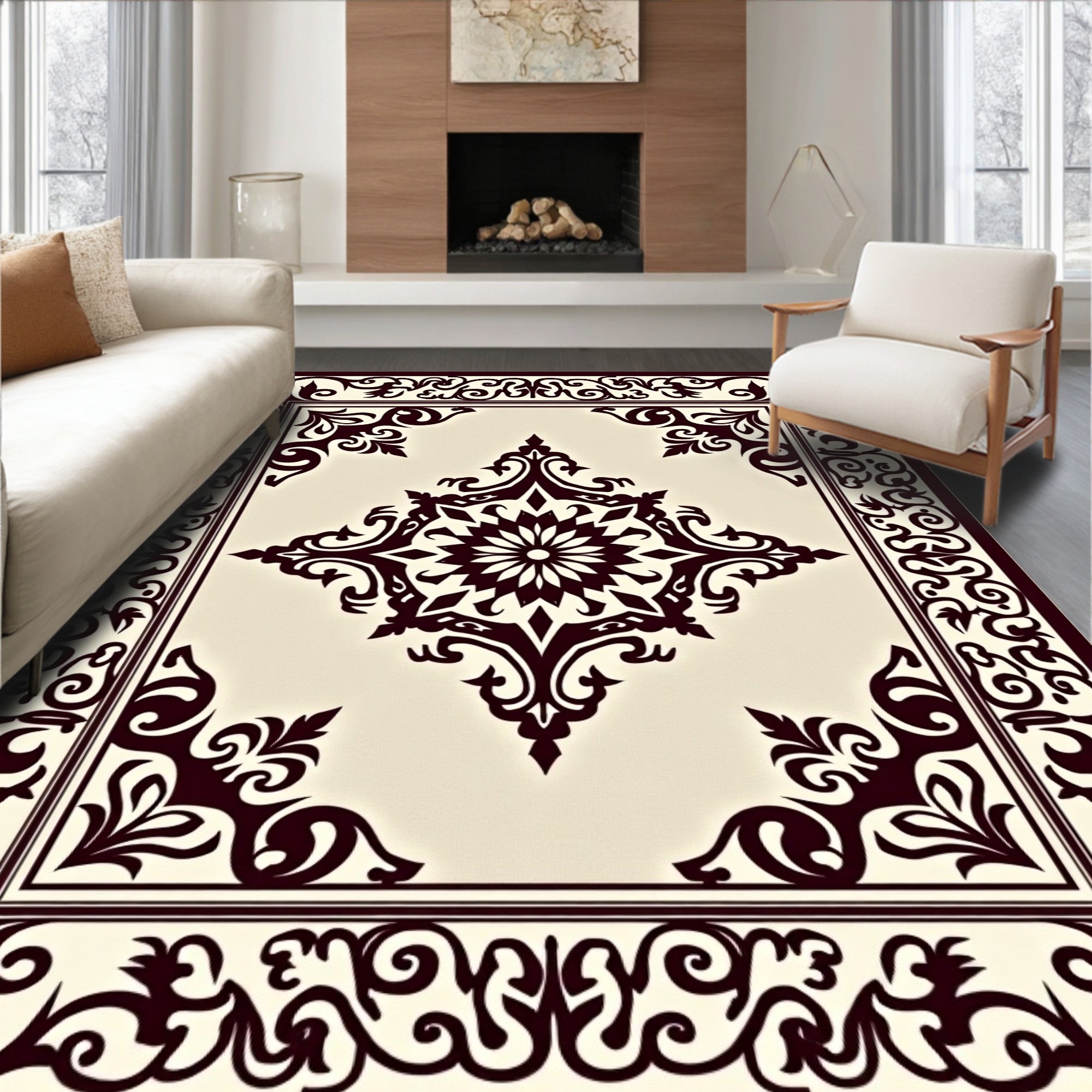 Dark Brown Floral Medallion Border Rug