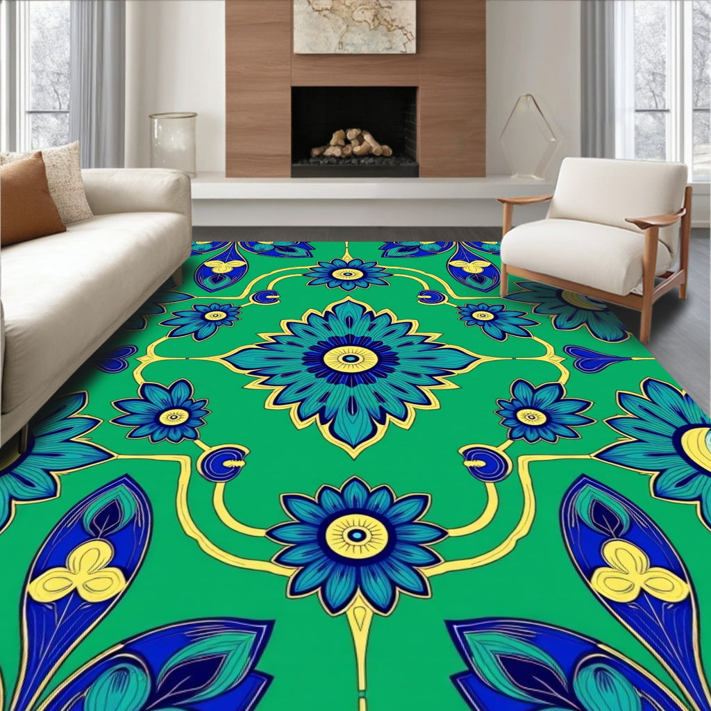 Emerald Green Floral Medallion Arrangement Rug