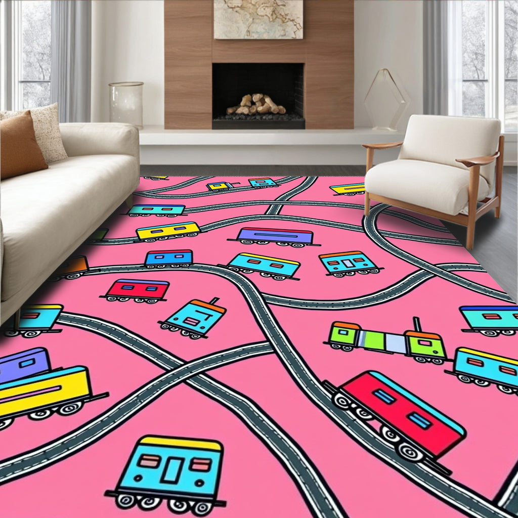 Playful Pink Train Tracks Rug