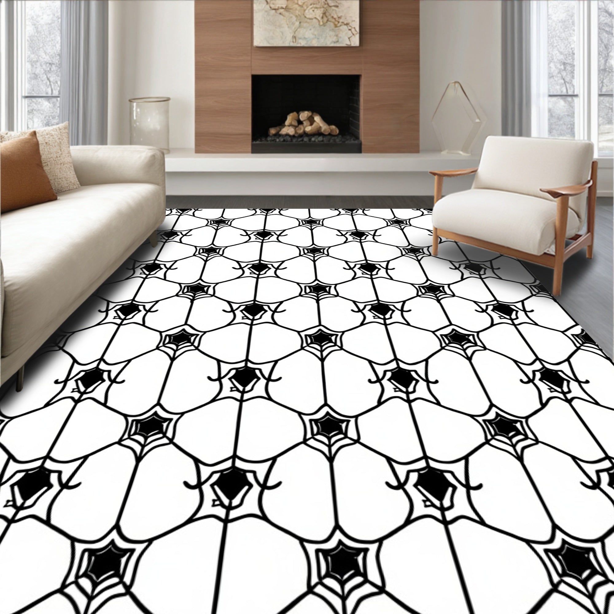 Monochrome Black Spiderweb Hexagon Loom Rug