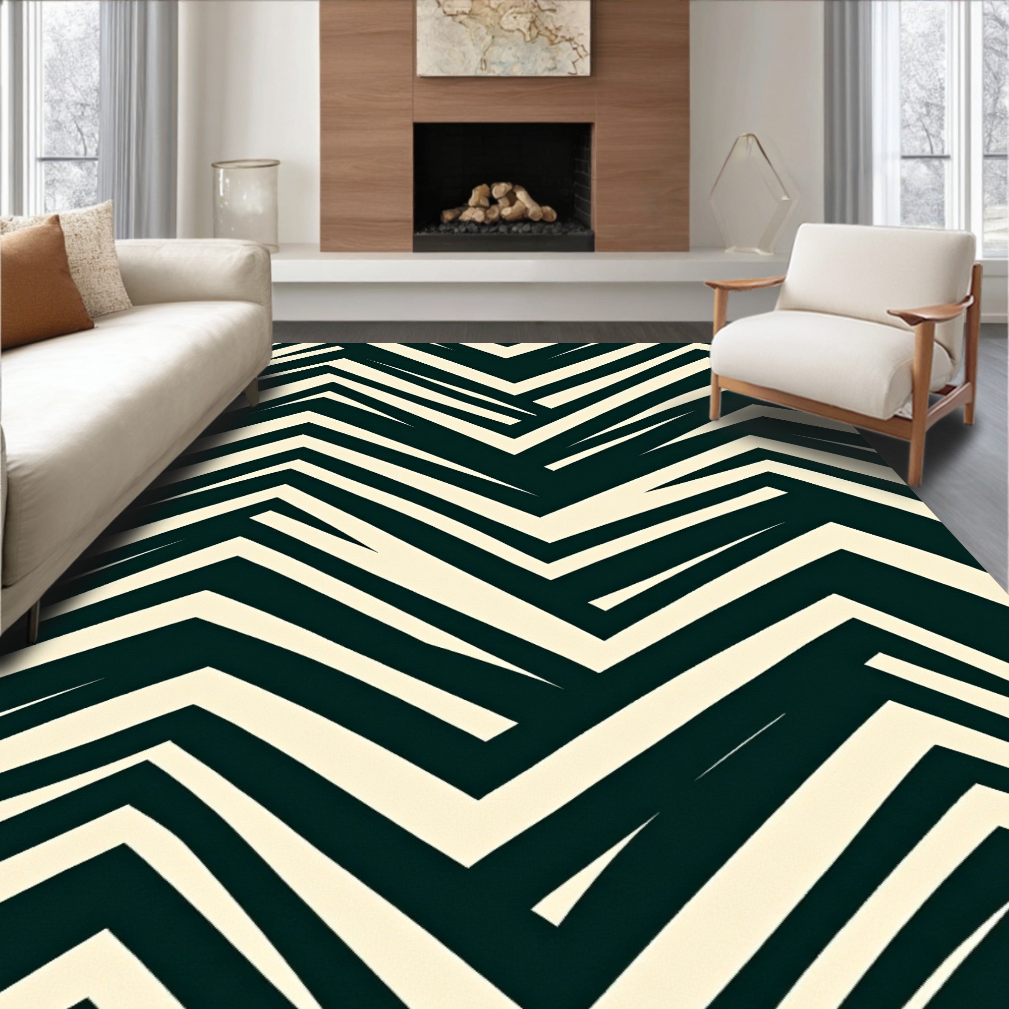 Cream Dark Green Chevron Zigzag Rug