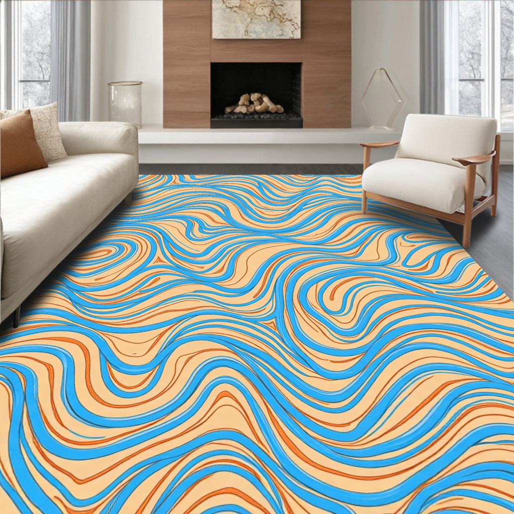 Coral Blue Wavy Line Flow Rug
