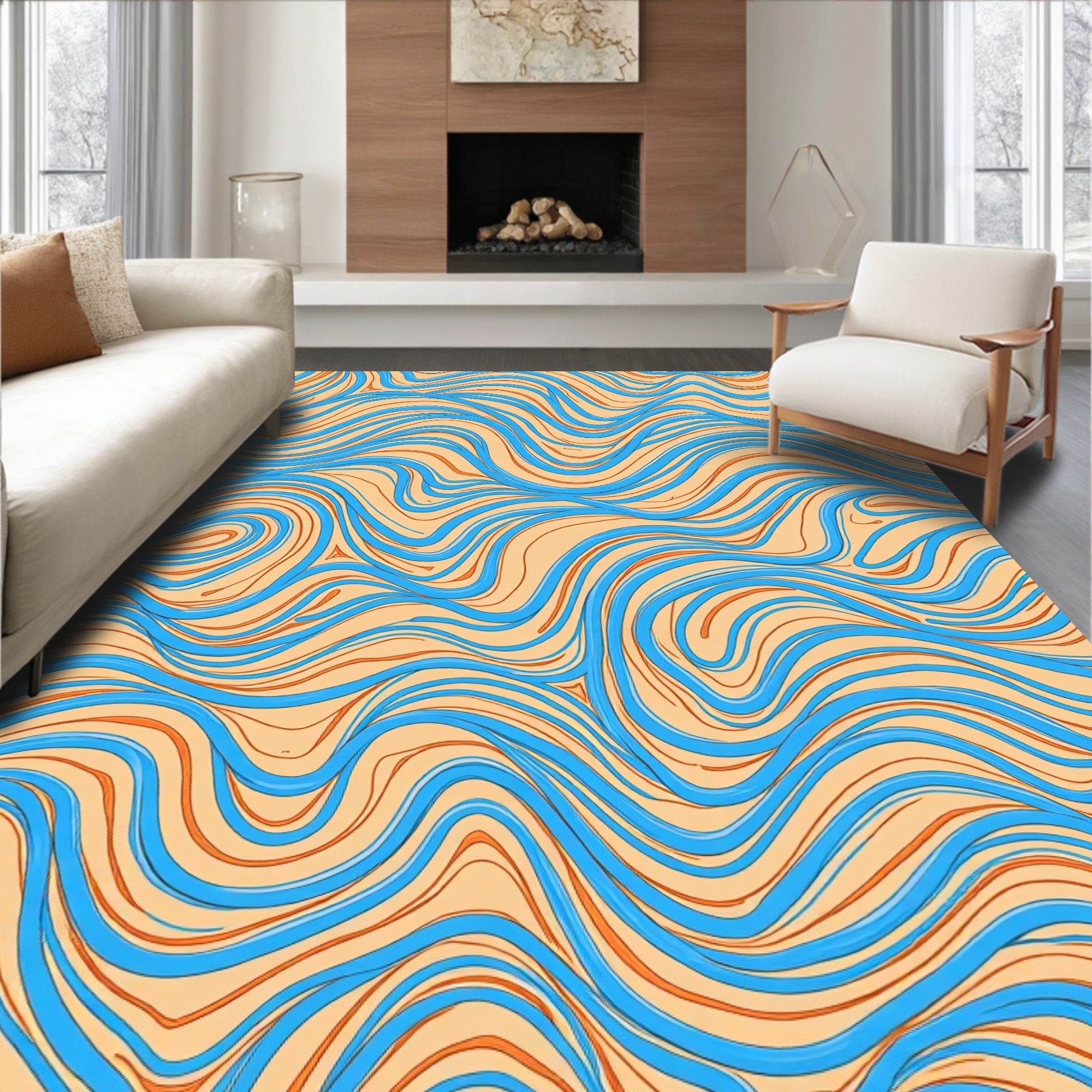 Coral Blue Wavy Line Flow Rug