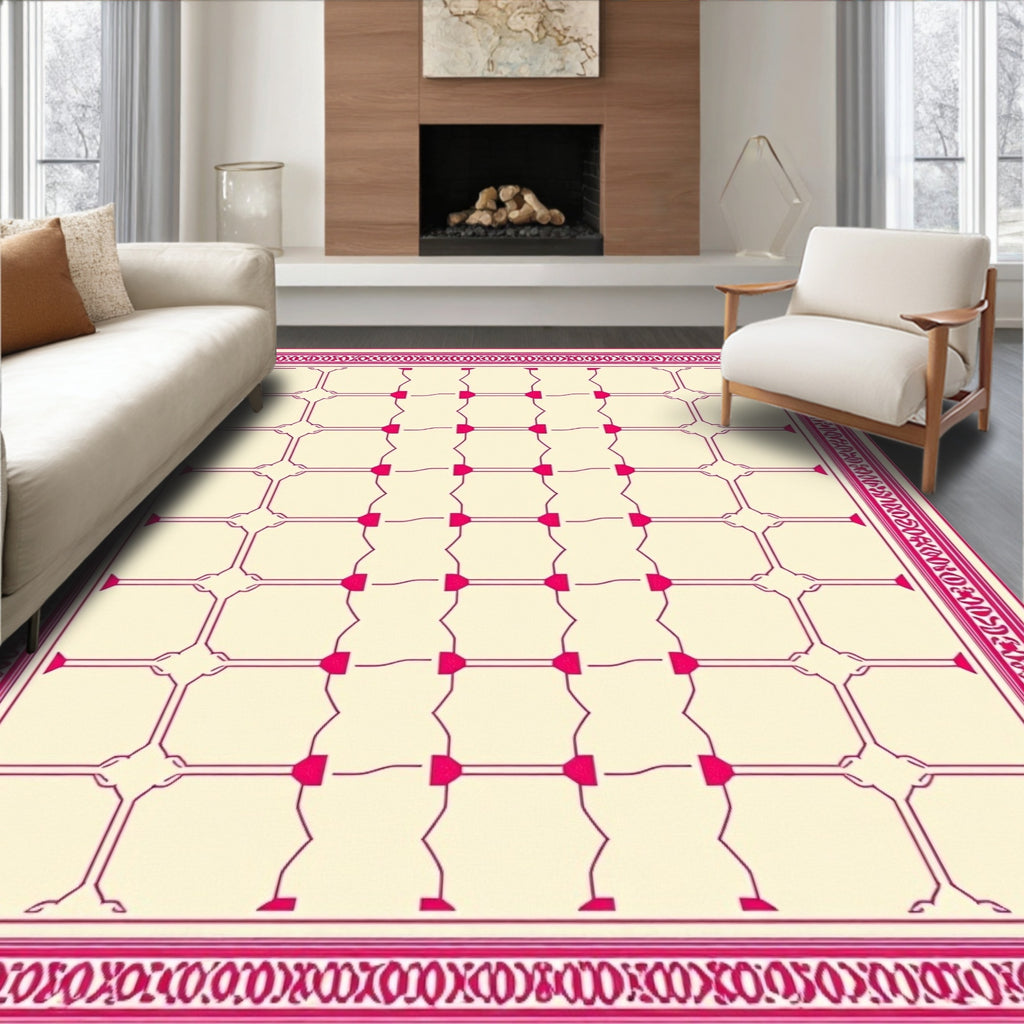 Crimson Lattice Bordered Geometric Field Rug
