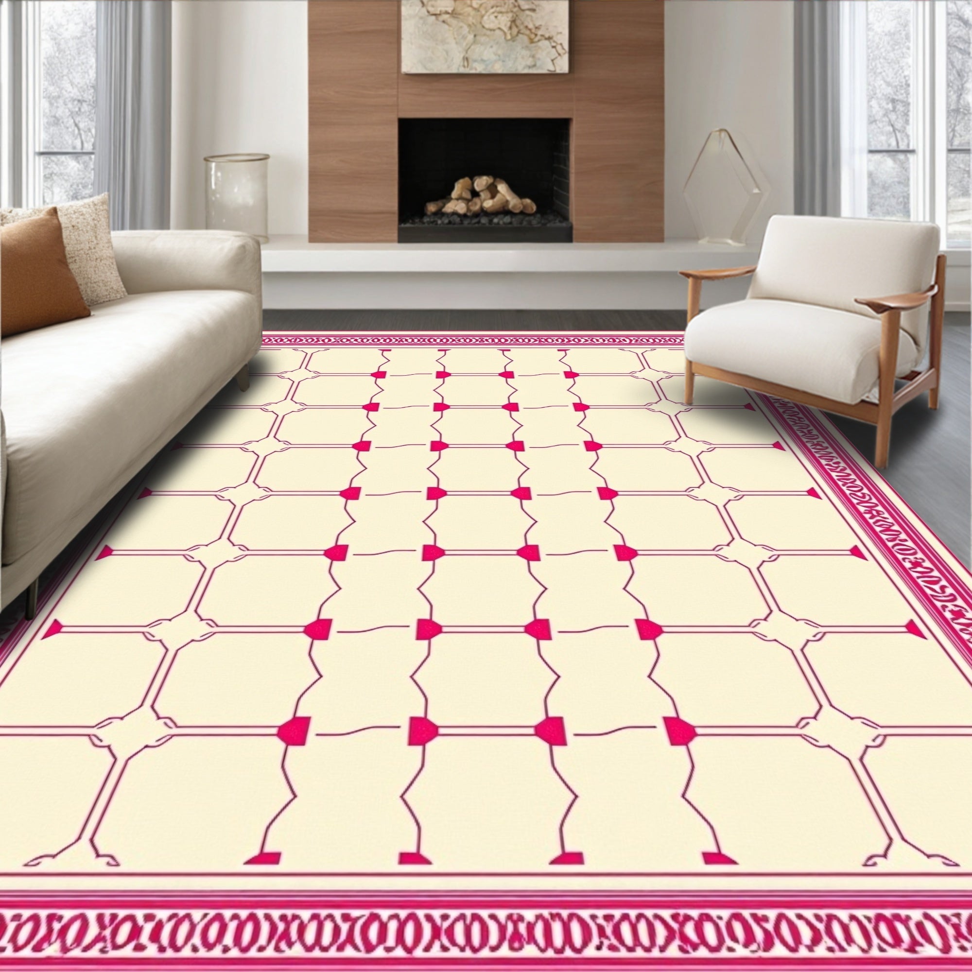 Crimson Lattice Bordered Geometric Field Rug