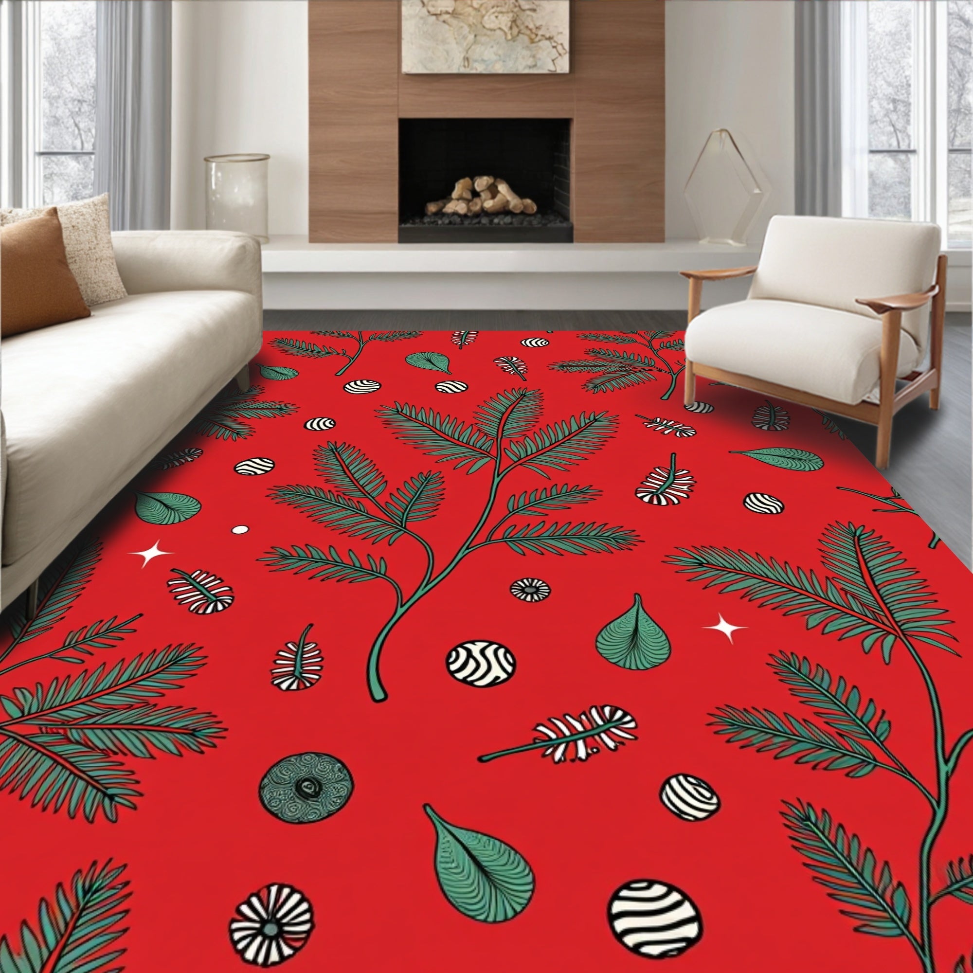 Crimson Evergreen Fern Botanical Arrangement Rug