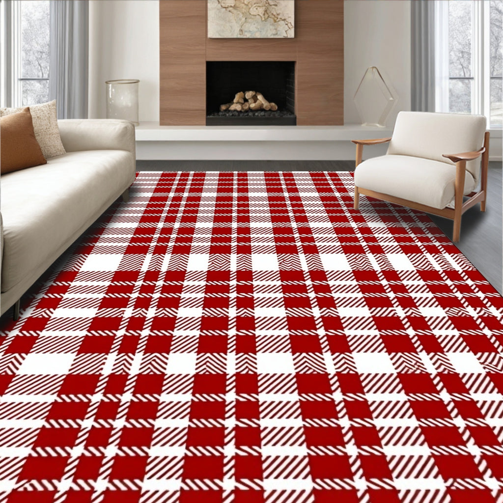 Classic Red White Tartan Check Rug