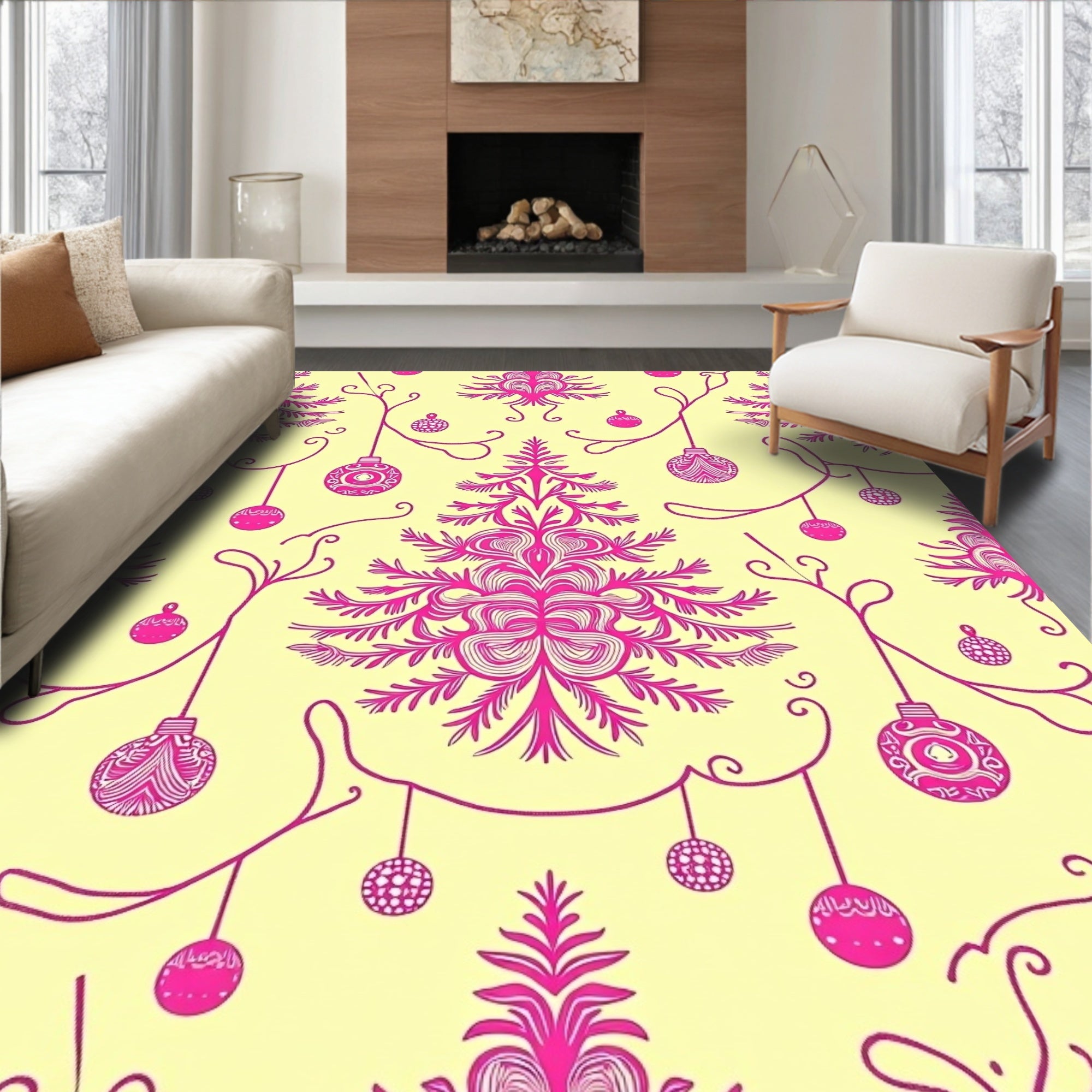 Vibrant Pink Ornate Christmas Tree Ornaments Rug